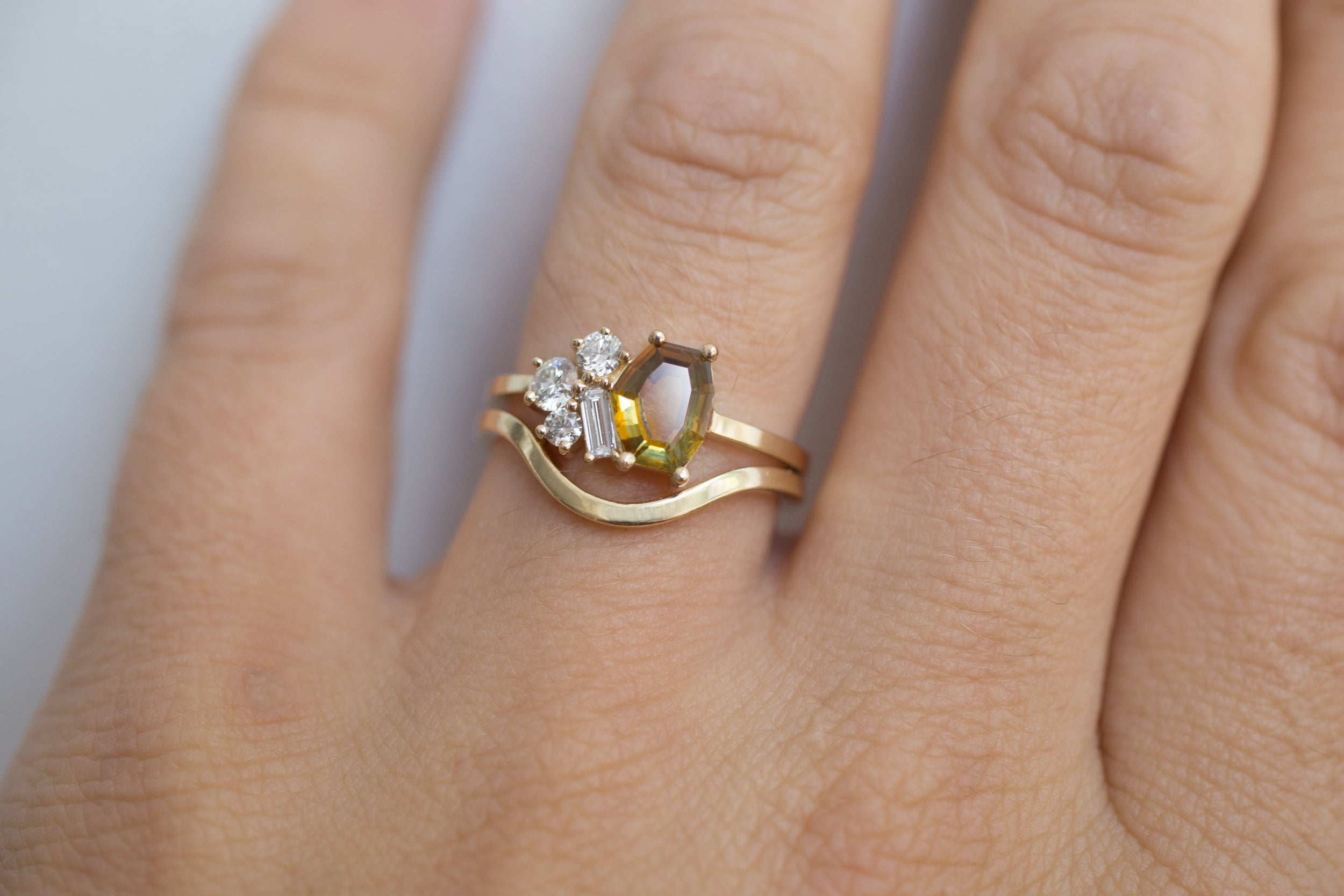 Bicolor Ochre Tablet Cut Montana Sapphire + Baguette and Round Diamond Cluster Engagement Ring | 14k Recycled Gold | One of a Kind