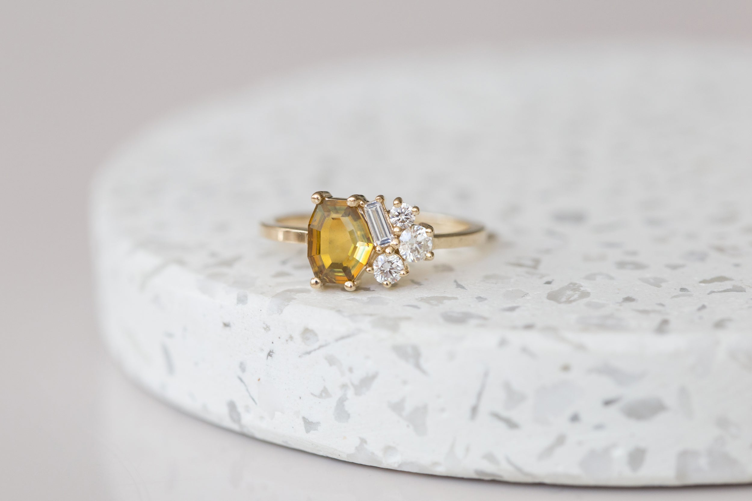 Bicolor Ochre Tablet Cut Montana Sapphire + Baguette and Round Diamond Cluster Engagement Ring | 14k Recycled Gold | One of a Kind