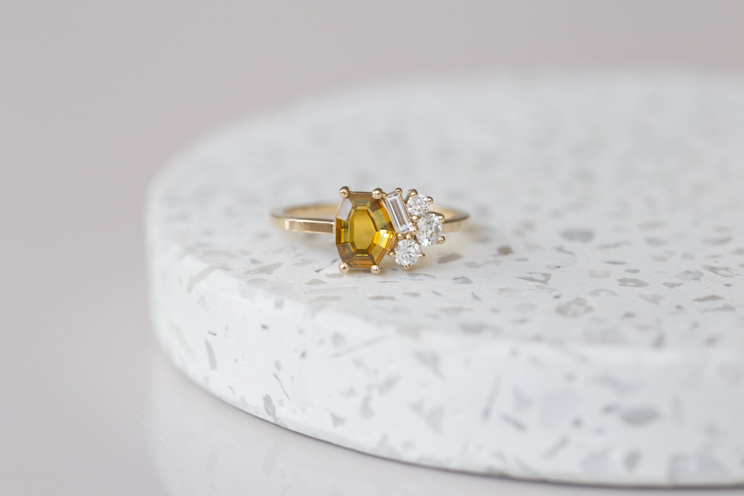 Bicolor Ochre Tablet Cut Montana Sapphire + Baguette and Round Diamond Cluster Engagement Ring | 14k Recycled Gold | One of a Kind