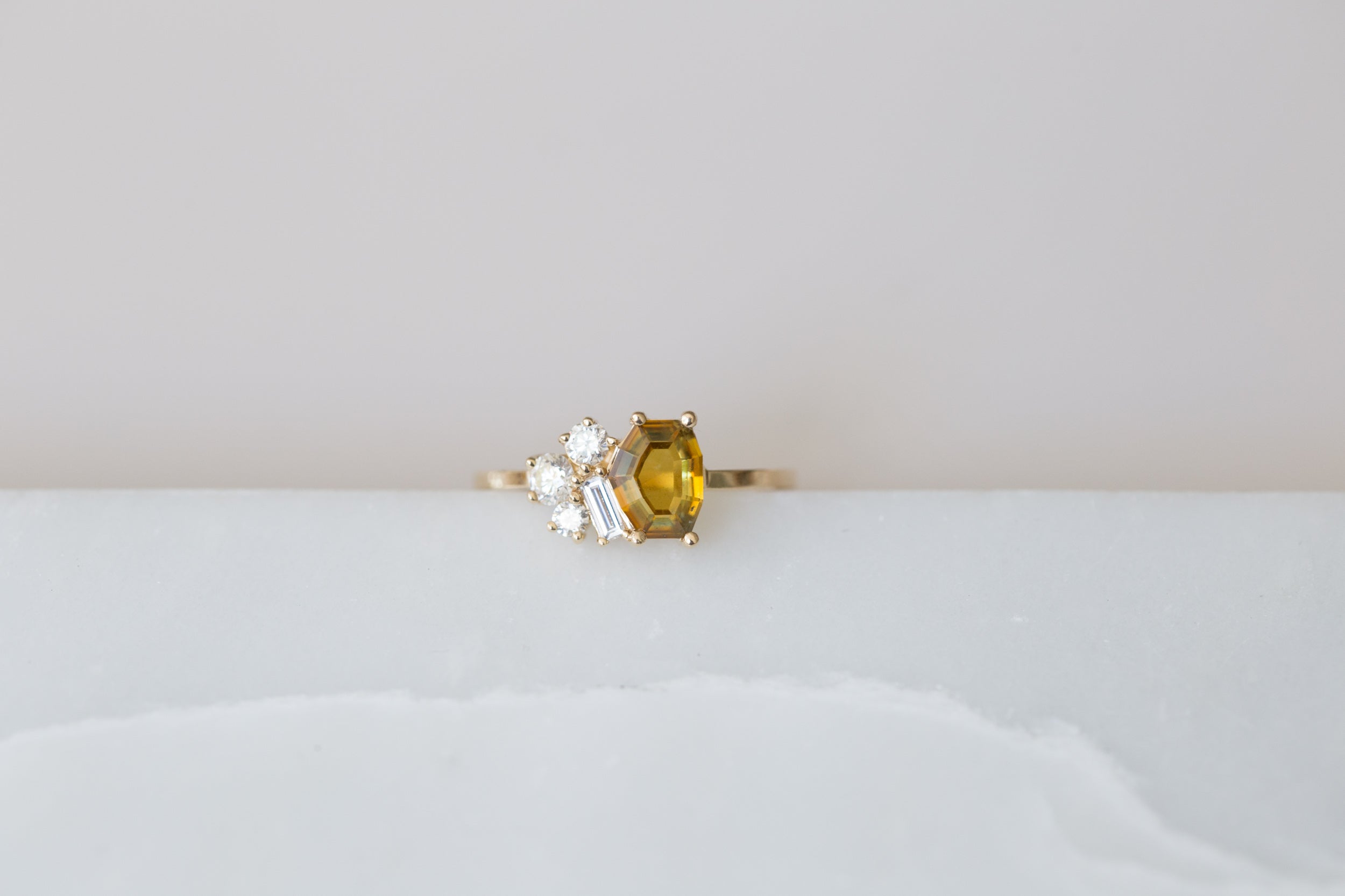 Bicolor Ochre Tablet Cut Montana Sapphire + Baguette and Round Diamond Cluster Engagement Ring | 14k Recycled Gold | One of a Kind