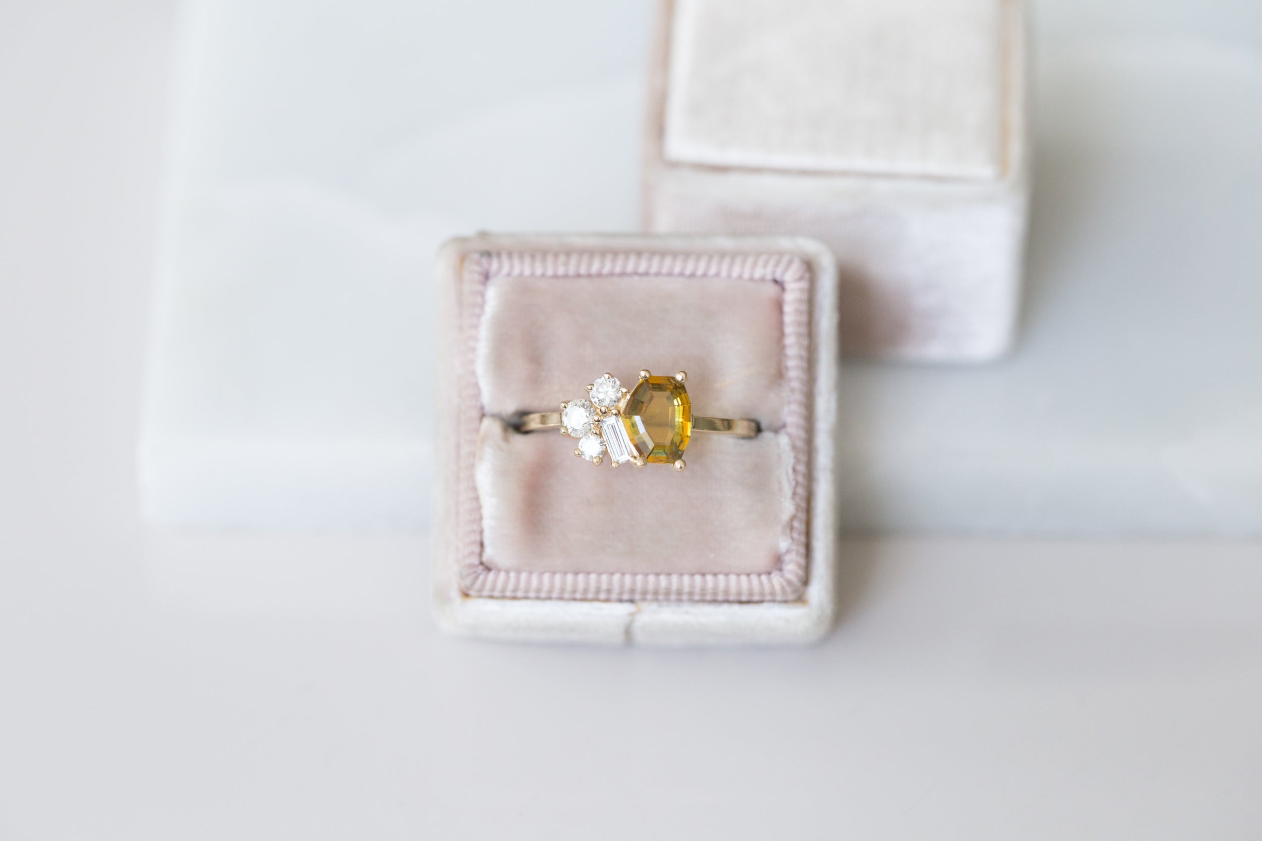 Bicolor Ochre Tablet Cut Montana Sapphire + Baguette and Round Diamond Cluster Engagement Ring | 14k Recycled Gold | One of a Kind