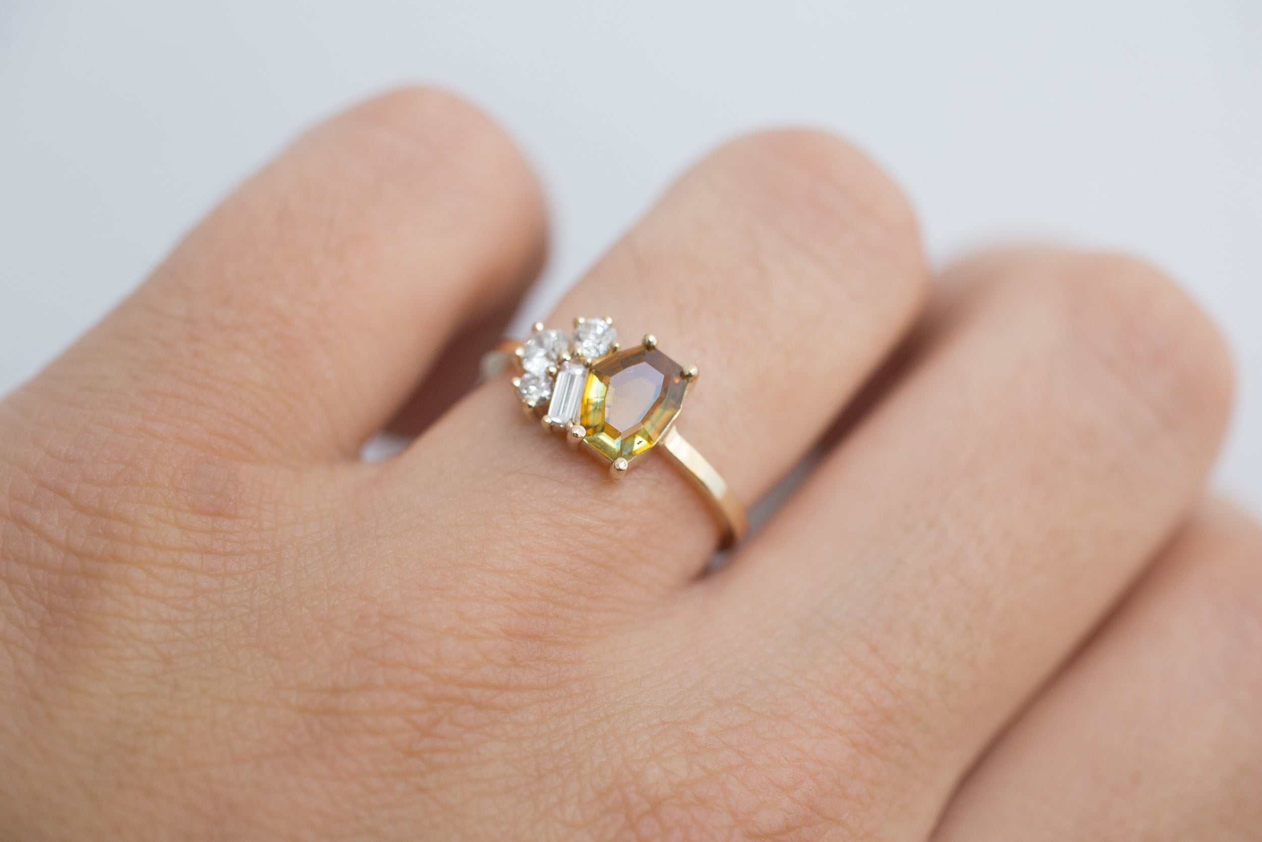 Bicolor Ochre Tablet Cut Montana Sapphire + Baguette and Round Diamond Cluster Engagement Ring | 14k Recycled Gold | One of a Kind