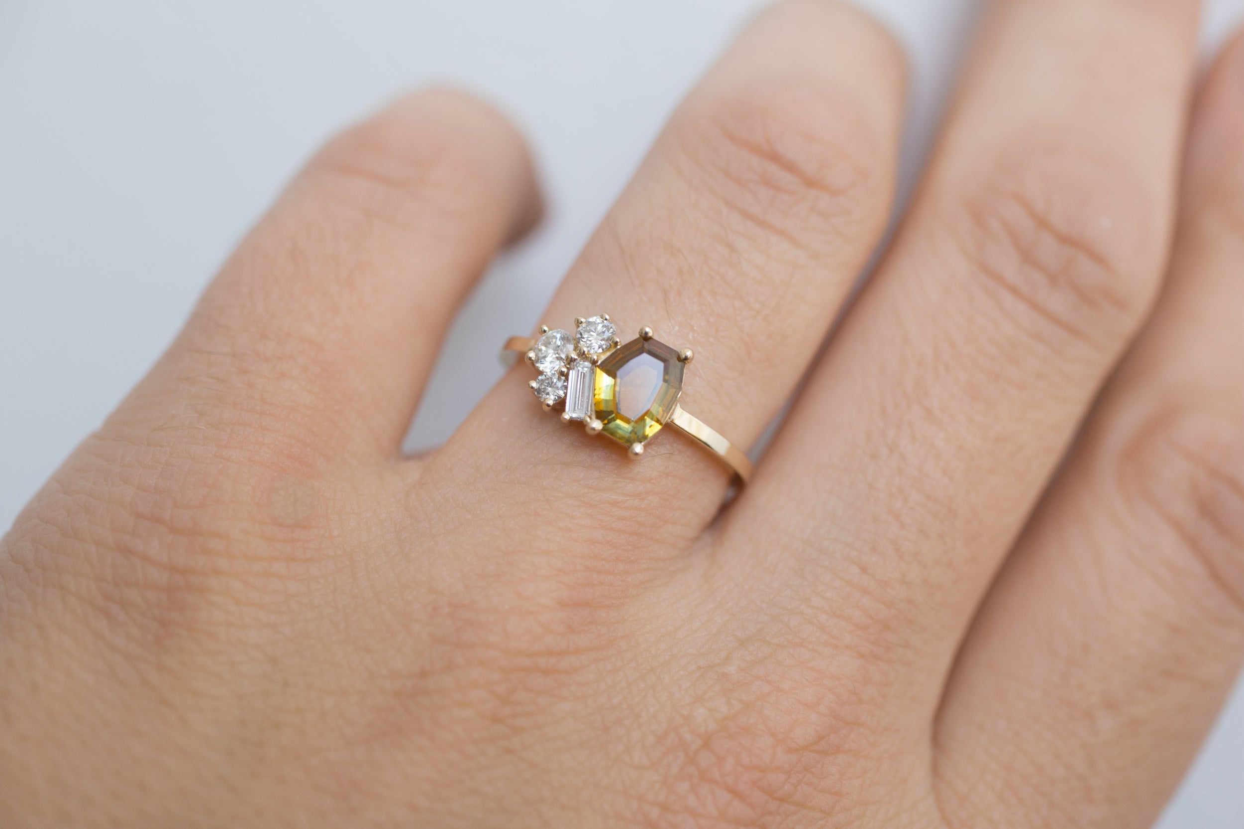 Bicolor Ochre Tablet Cut Montana Sapphire + Baguette and Round Diamond Cluster Engagement Ring | 14k Recycled Gold | One of a Kind