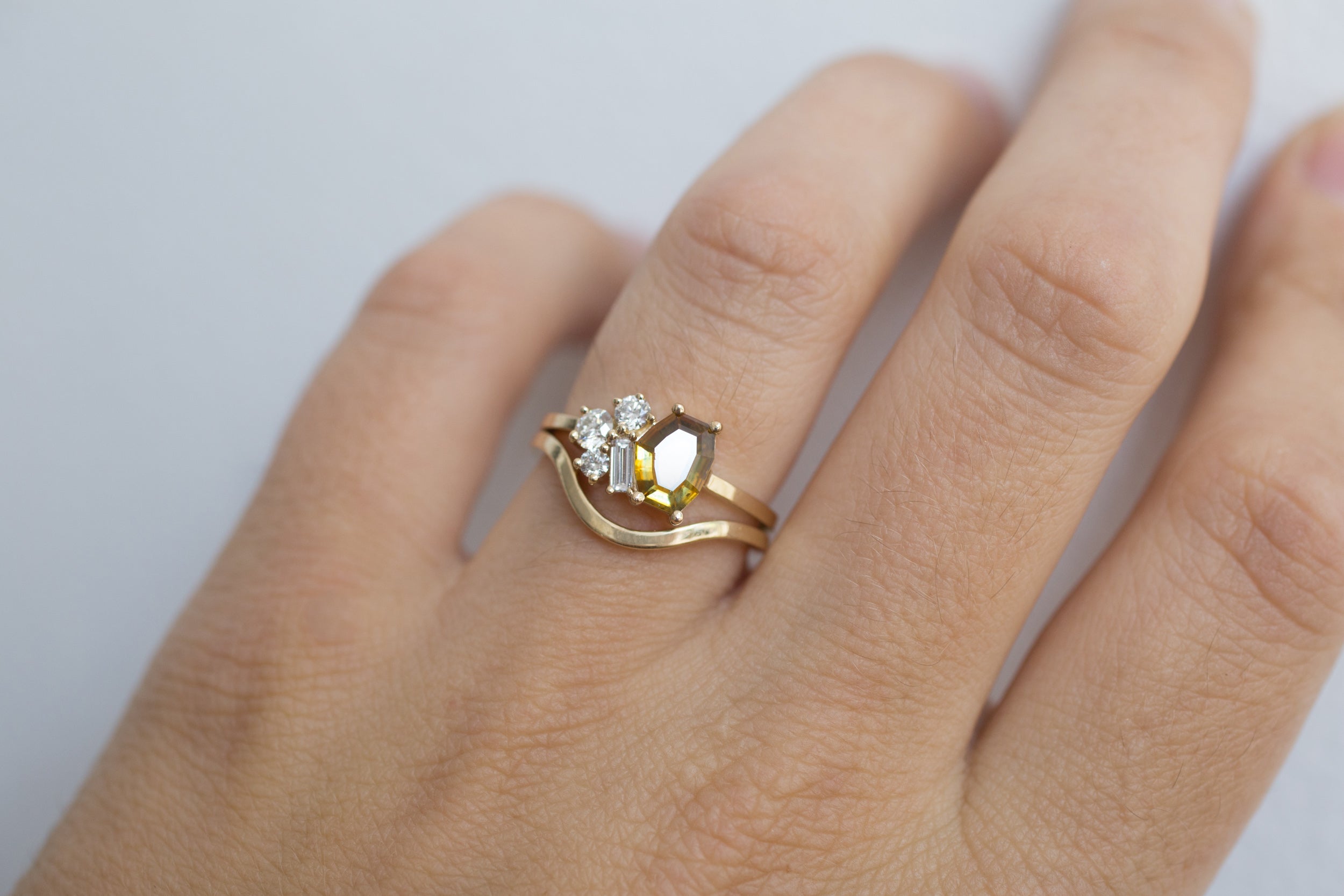 Bicolor Ochre Tablet Cut Montana Sapphire + Baguette and Round Diamond Cluster Engagement Ring | 14k Recycled Gold | One of a Kind