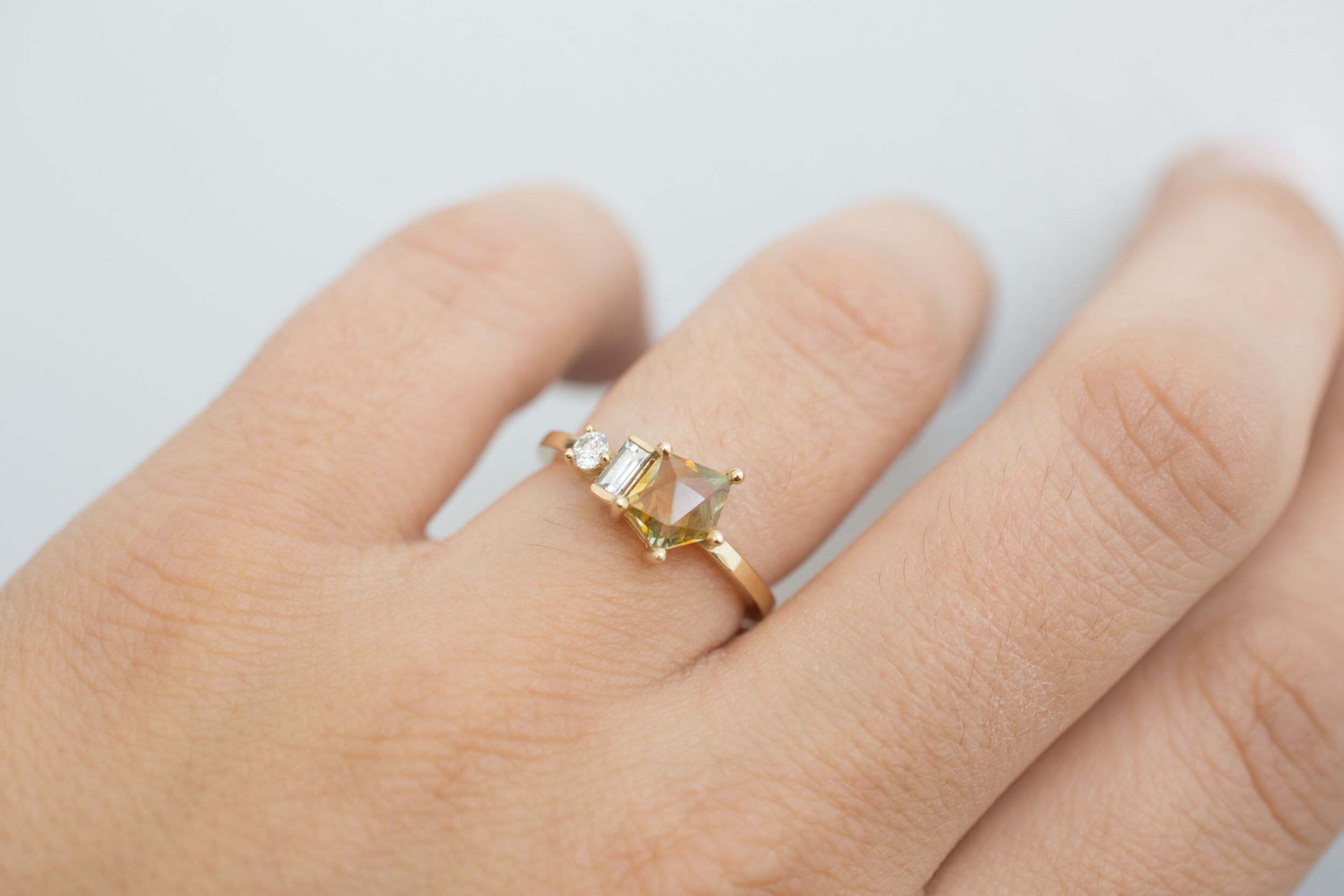 Sireli Ring | Ochre Geocut Sapphire + Diamond Cluster Engagement Ring | 14k Recycled Gold | One of a Kind