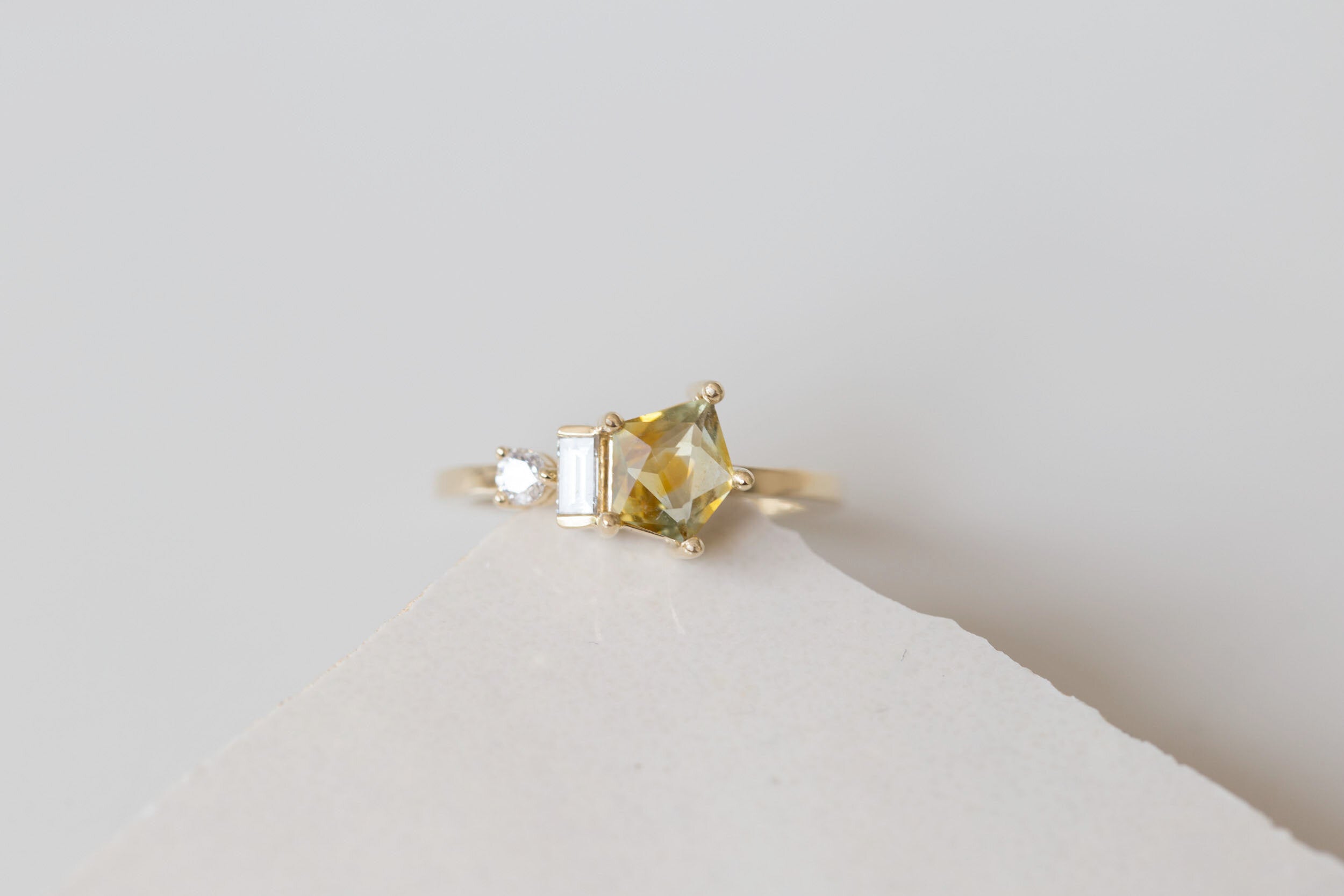Sireli Ring | Ochre Geocut Sapphire + Diamond Cluster Engagement Ring | 14k Recycled Gold | One of a Kind