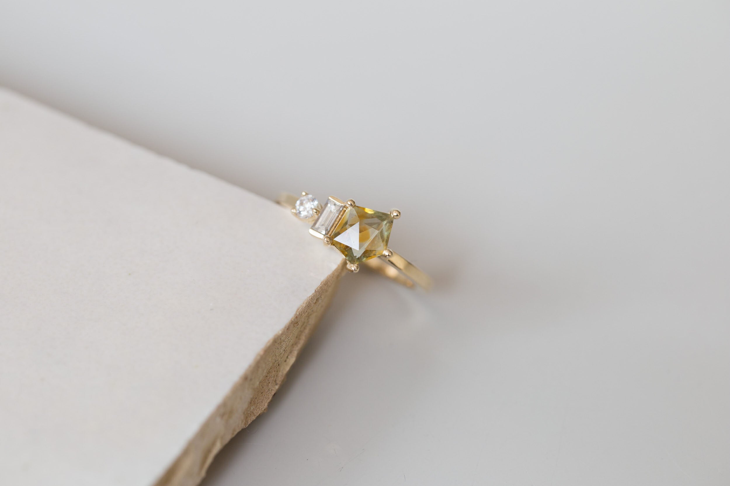 Sireli Ring | Ochre Geocut Sapphire + Diamond Cluster Engagement Ring | 14k Recycled Gold | One of a Kind