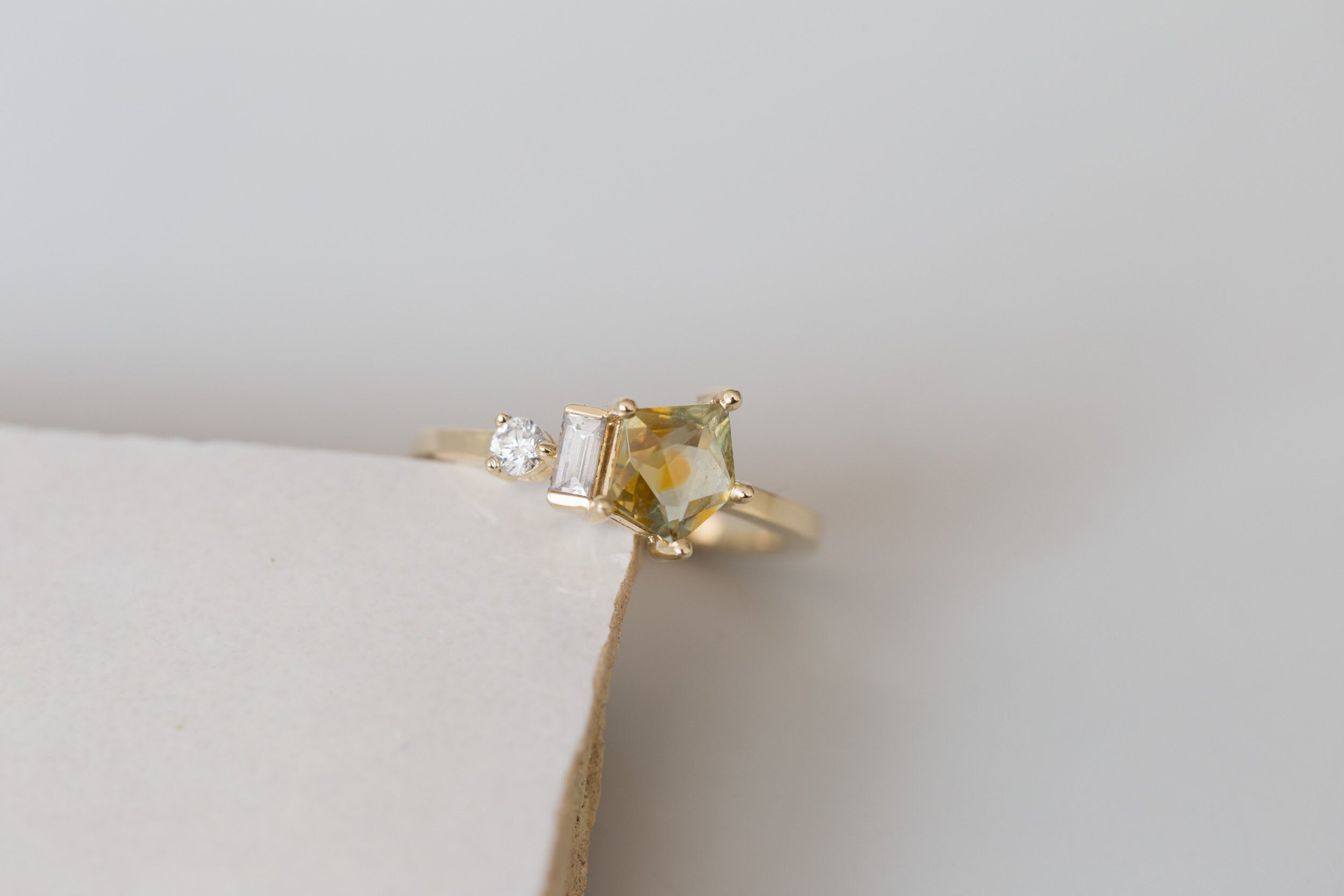 Sireli Ring | Ochre Geocut Sapphire + Diamond Cluster Engagement Ring | 14k Recycled Gold | One of a Kind