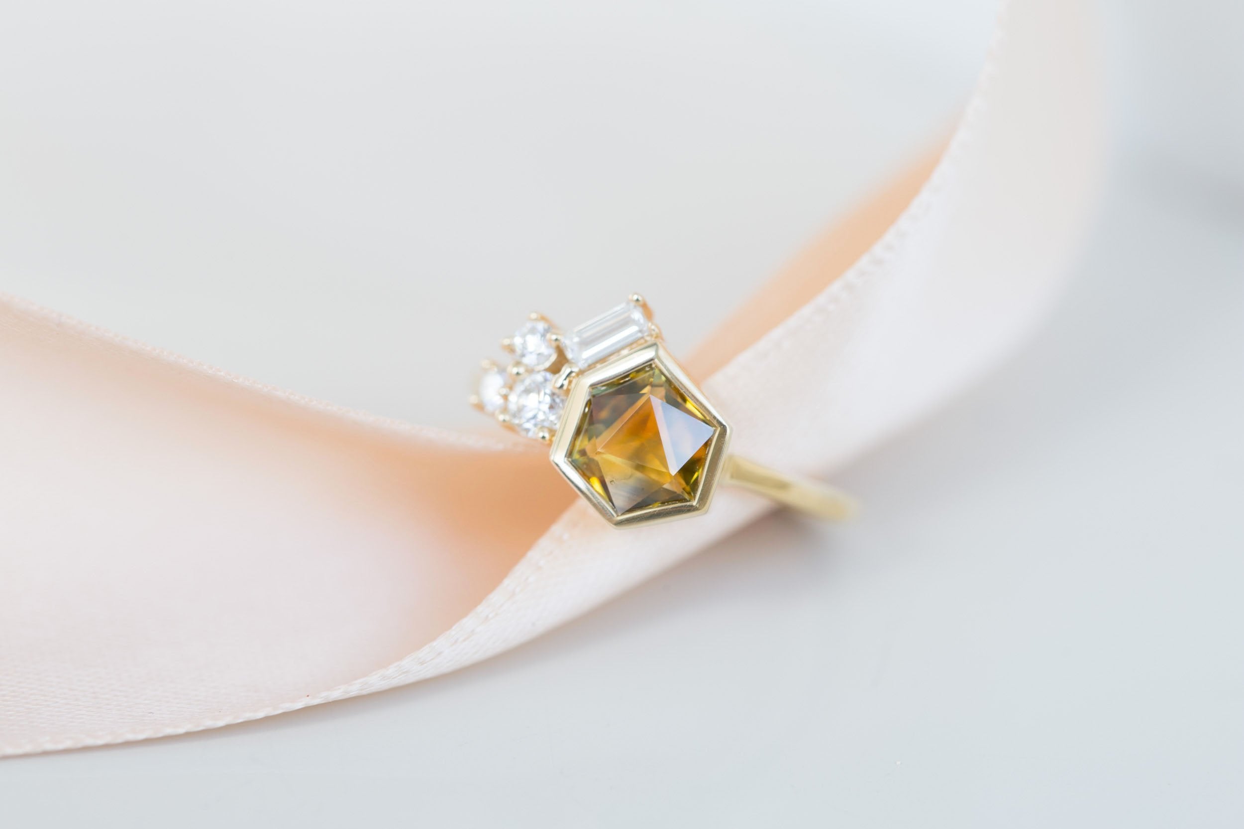 Sarria Ring | Ochre Geocut Sapphire + Diamond Cluster Engagement Ring 1.26 ct | 14k Recycled Gold | One of a Kind