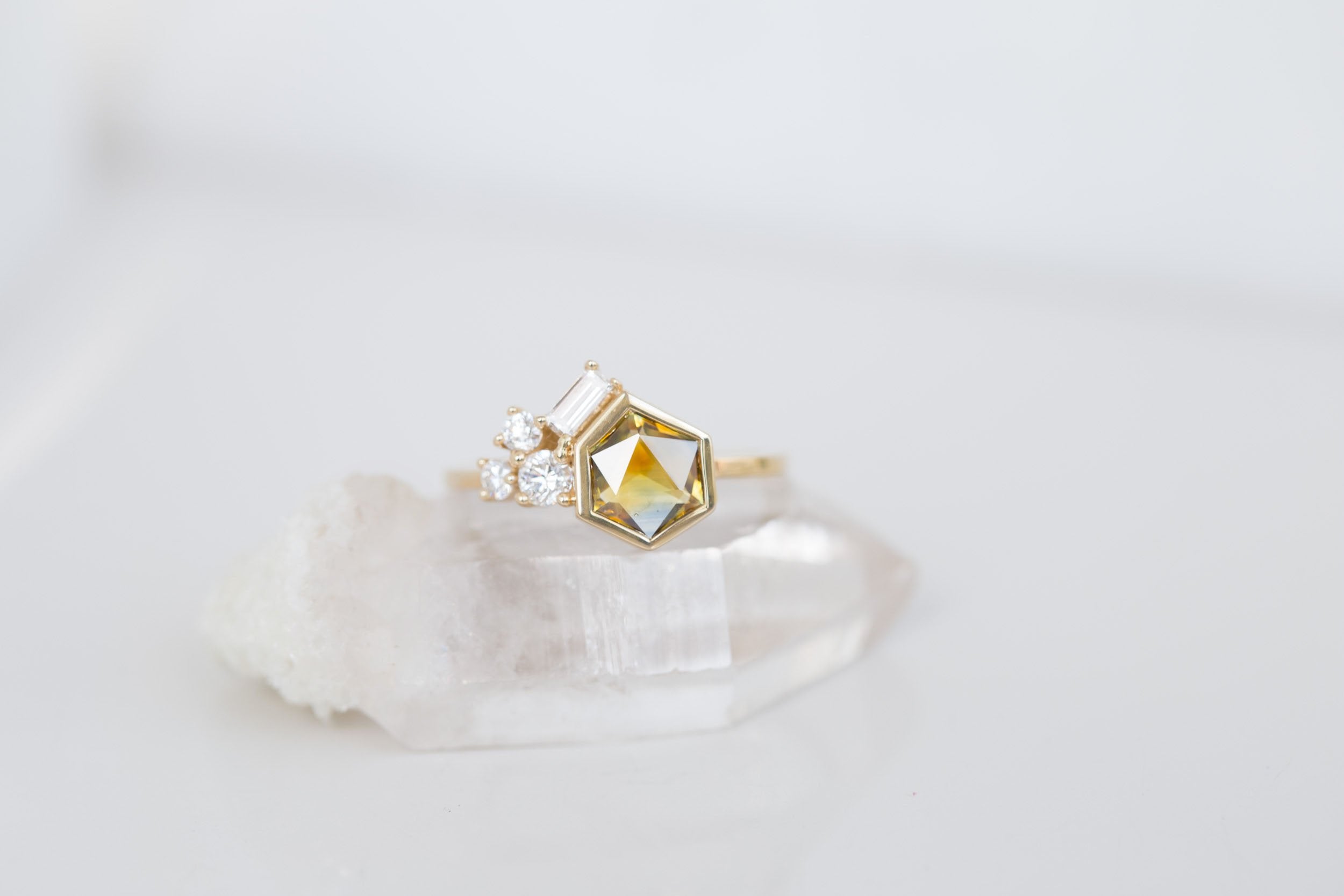 Sarria Ring | Ochre Geocut Sapphire + Diamond Cluster Engagement Ring 1.26 ct | 14k Recycled Gold | One of a Kind