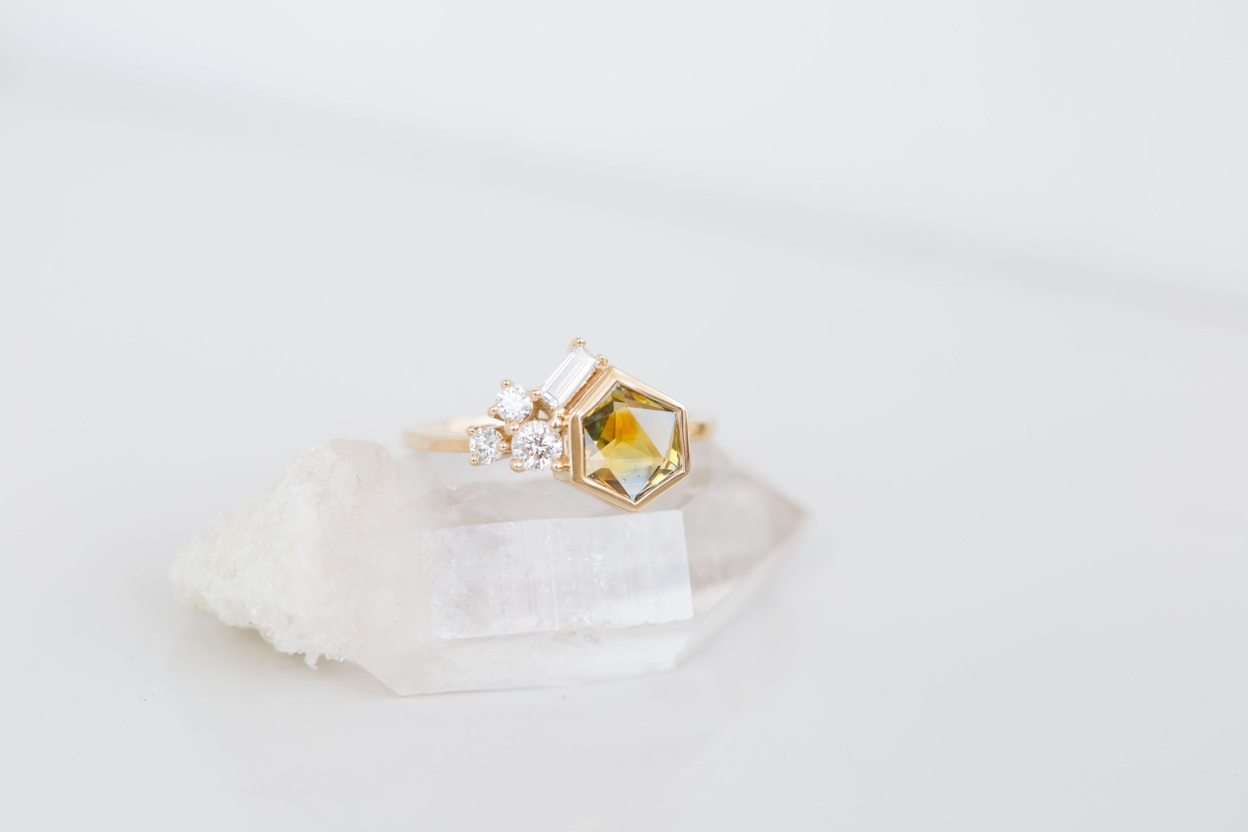 Sarria Ring | Ochre Geocut Sapphire + Diamond Cluster Engagement Ring 1.26 ct | 14k Recycled Gold | One of a Kind