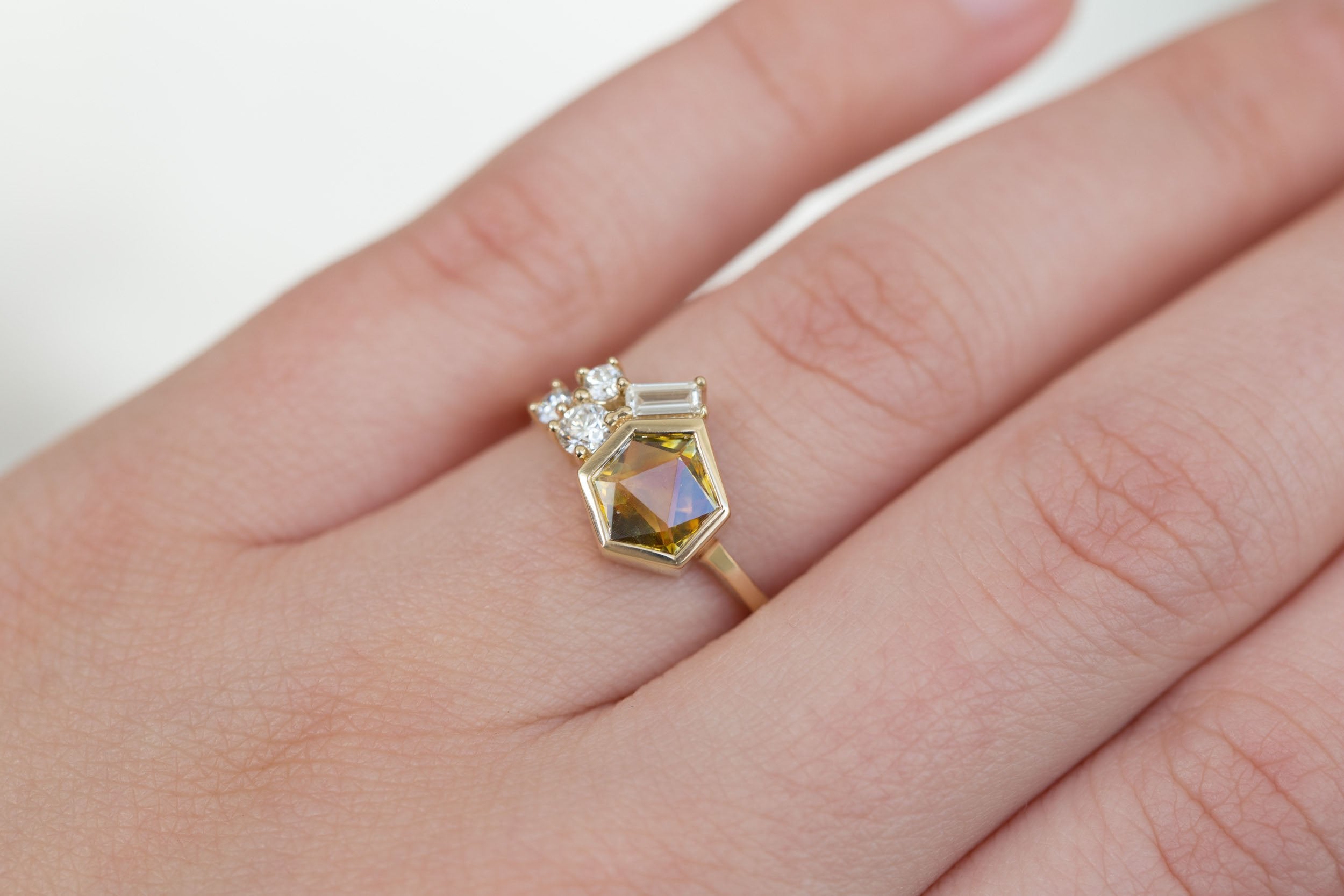 Sarria Ring | Ochre Geocut Sapphire + Diamond Cluster Engagement Ring 1.26 ct | 14k Recycled Gold | One of a Kind