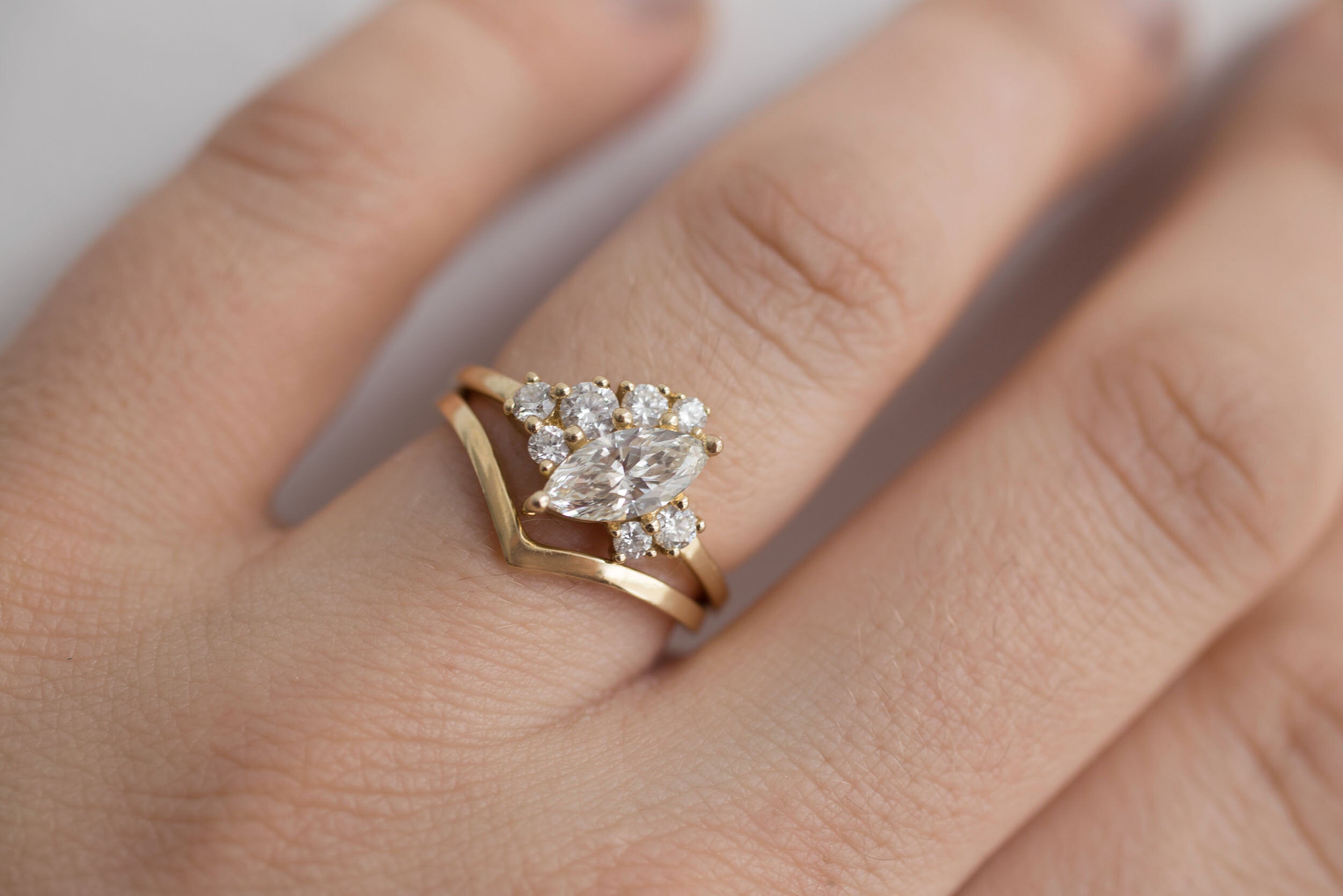 Aletris Ring | Offset Marquise Diamond + Diamond Cluster Engagement Ring | 14k Recycled Gold | One of a Kind