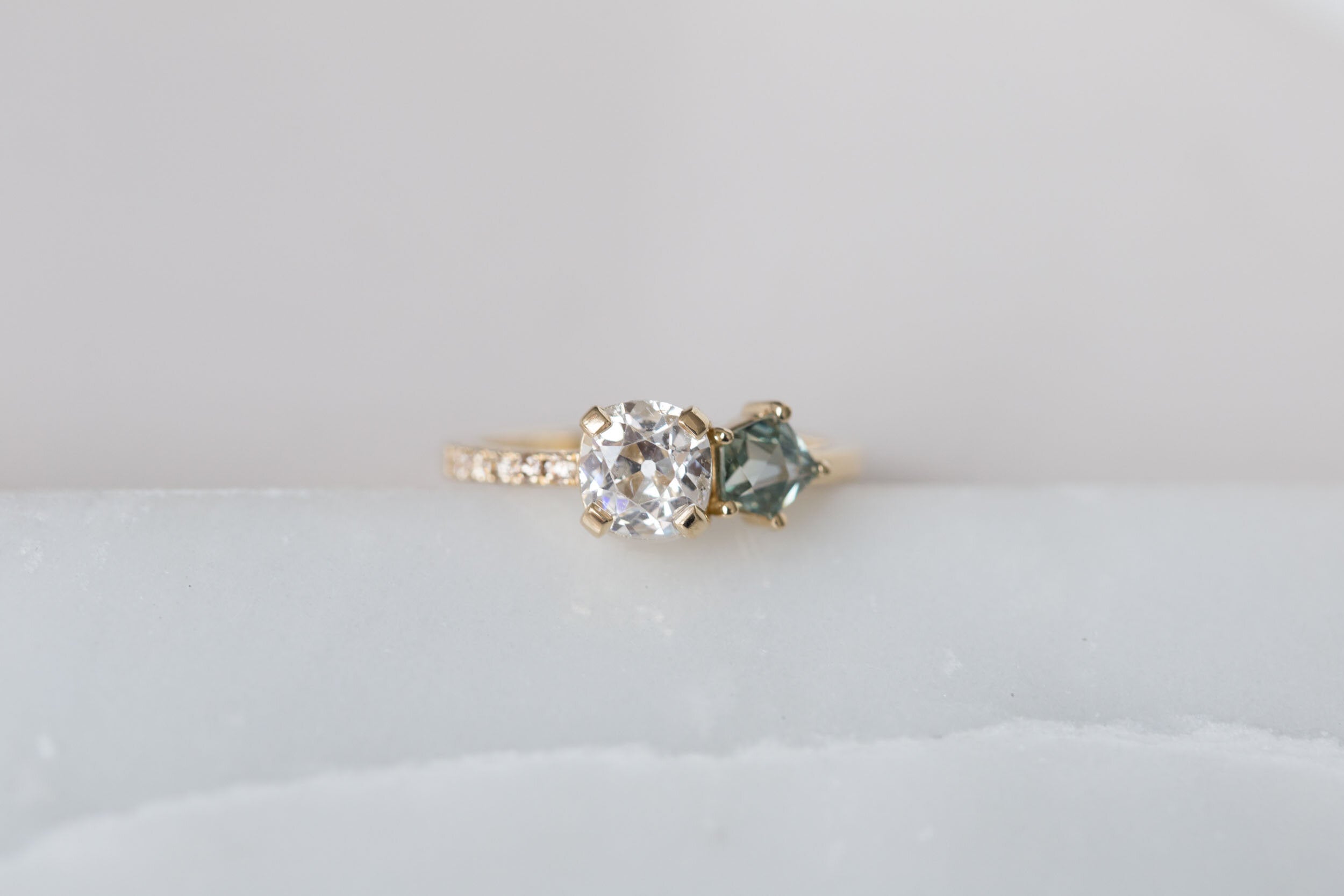 Selma Ring | Antique Cushion Cut Diamond + Geocut Montana Sapphire + Champagne Diamond Engagement Ring | 14k Recycled Gold | One of a Kind
