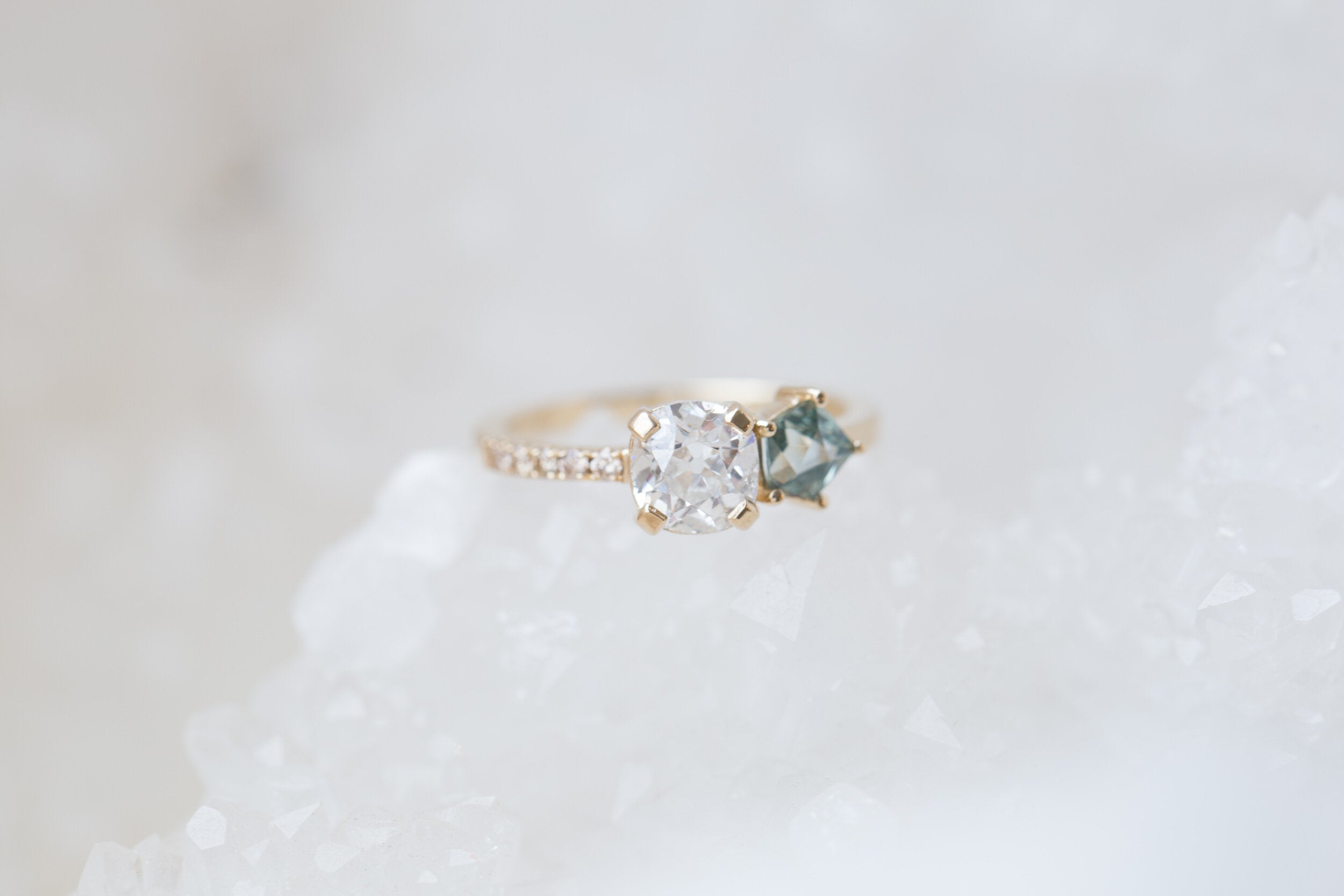 Selma Ring | Antique Cushion Cut Diamond + Geocut Montana Sapphire + Champagne Diamond Engagement Ring | 14k Recycled Gold | One of a Kind