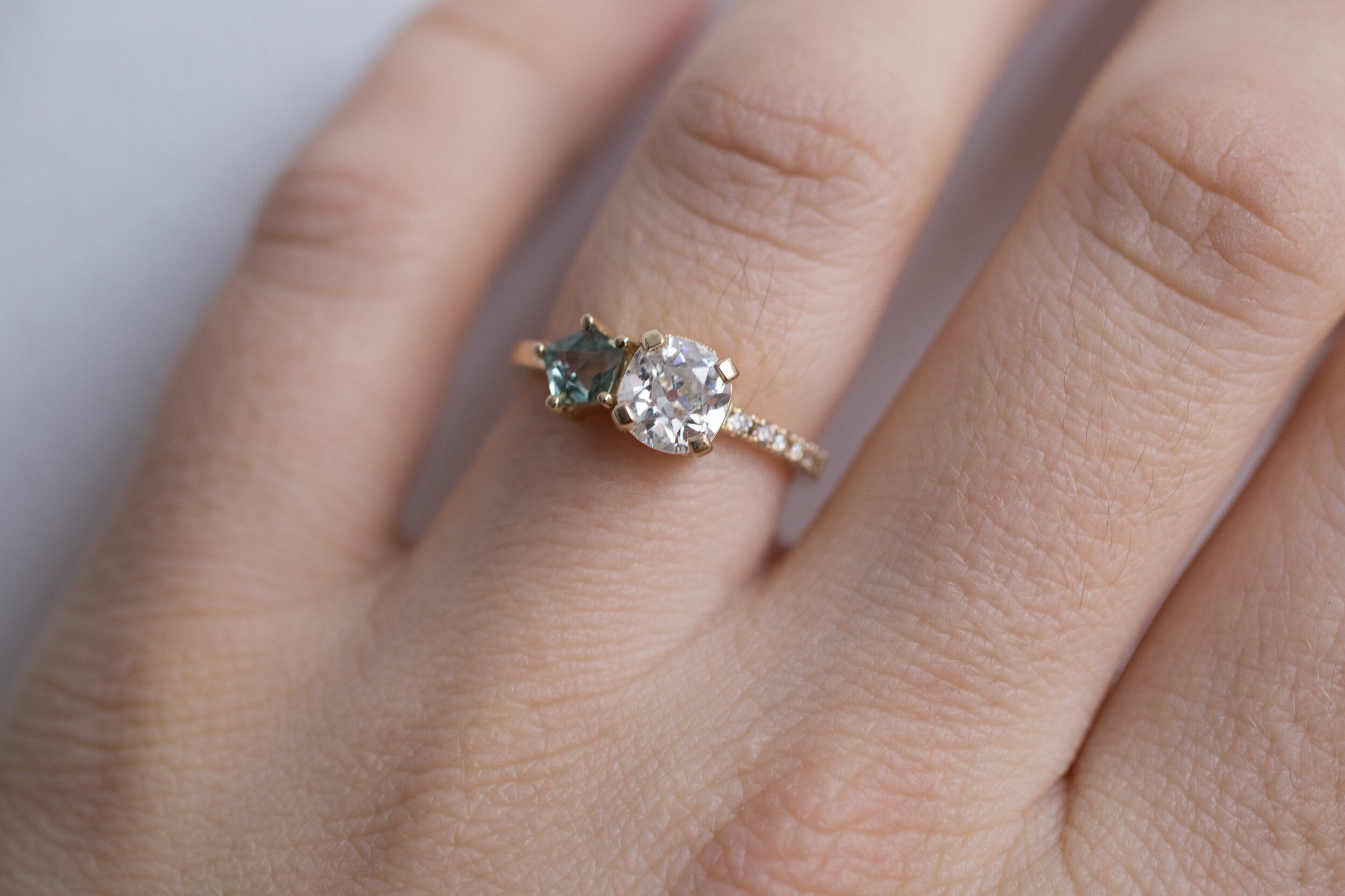 Selma Ring | Antique Cushion Cut Diamond + Geocut Montana Sapphire + Champagne Diamond Engagement Ring | 14k Recycled Gold | One of a Kind