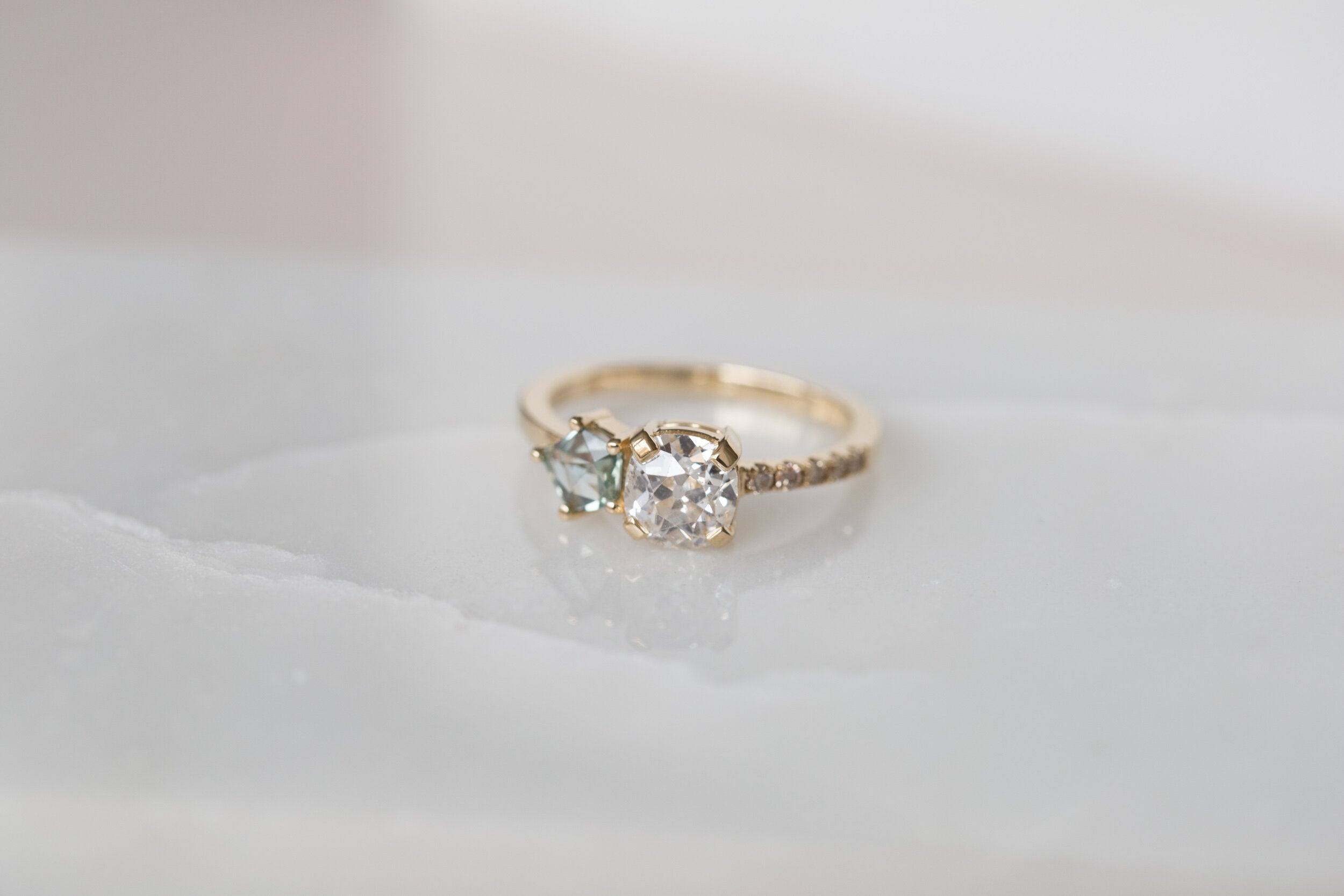 Selma Ring | Antique Cushion Cut Diamond + Geocut Montana Sapphire + Champagne Diamond Engagement Ring | 14k Recycled Gold | One of a Kind