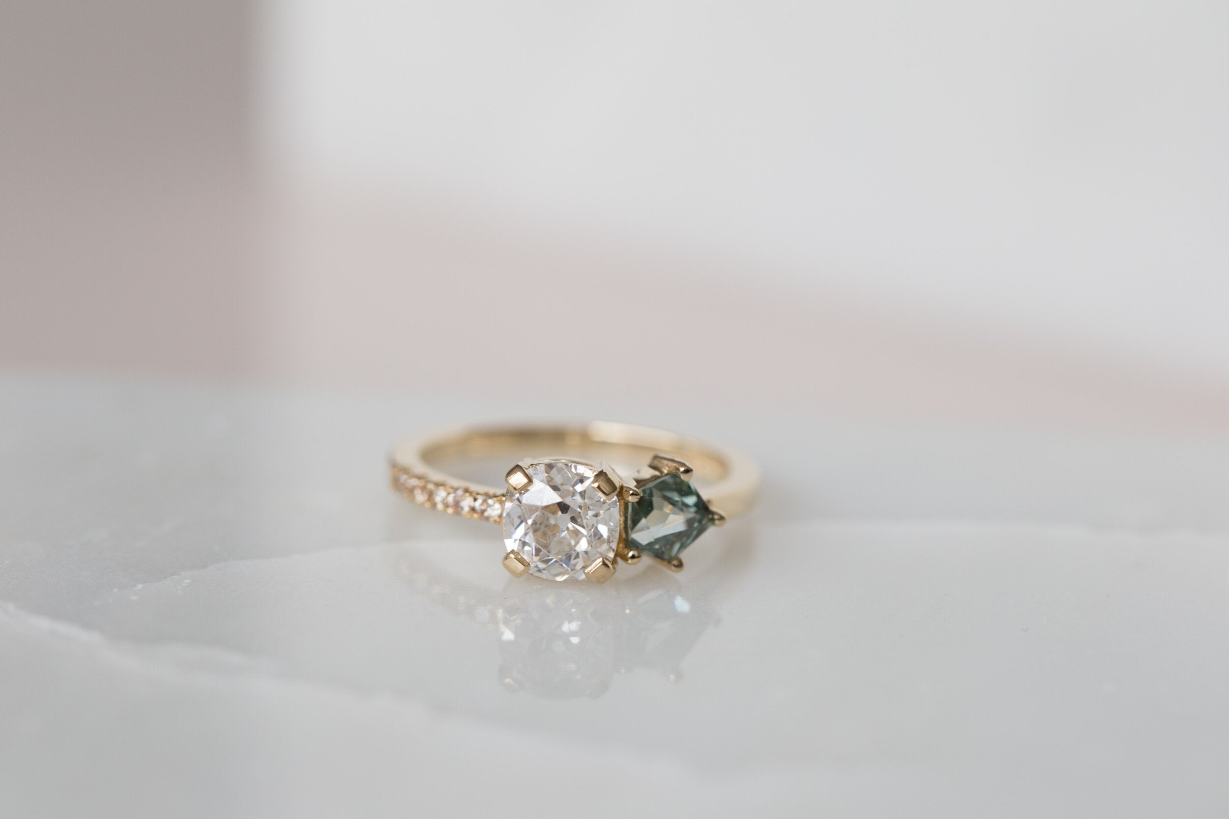 Selma Ring | Antique Cushion Cut Diamond + Geocut Montana Sapphire + Champagne Diamond Engagement Ring | 14k Recycled Gold | One of a Kind