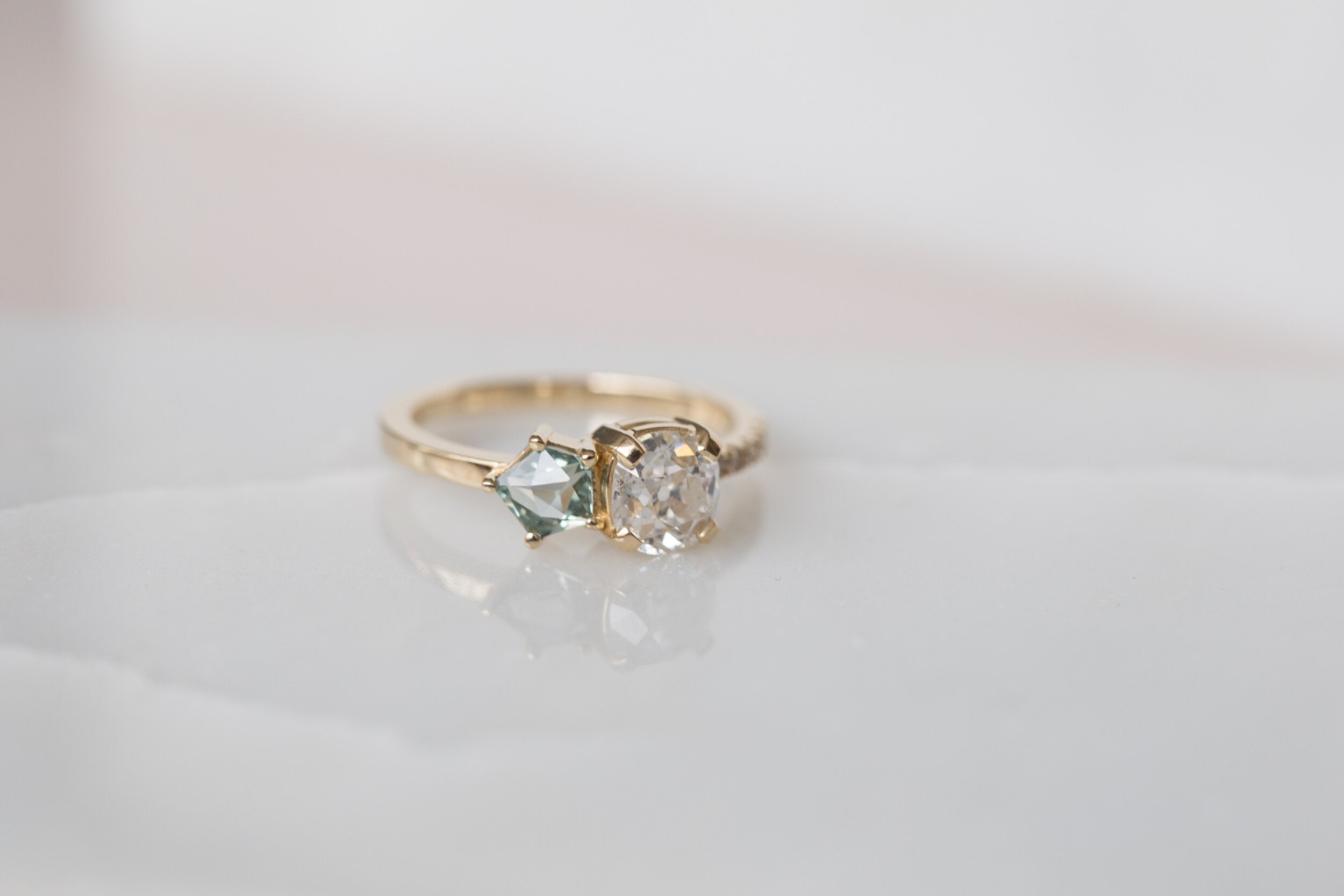 Selma Ring | Antique Cushion Cut Diamond + Geocut Montana Sapphire + Champagne Diamond Engagement Ring | 14k Recycled Gold | One of a Kind