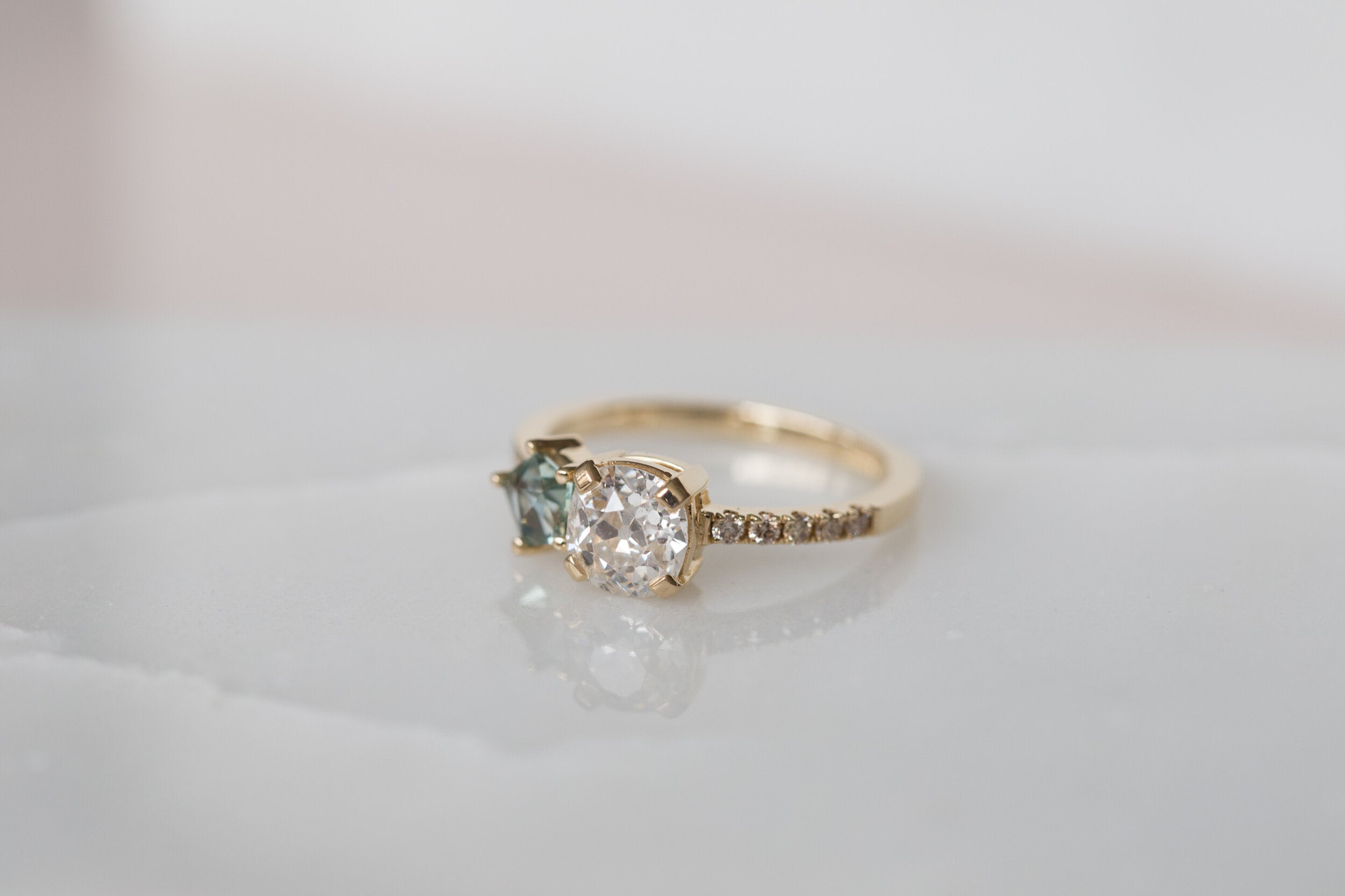 Selma Ring | Antique Cushion Cut Diamond + Geocut Montana Sapphire + Champagne Diamond Engagement Ring | 14k Recycled Gold | One of a Kind