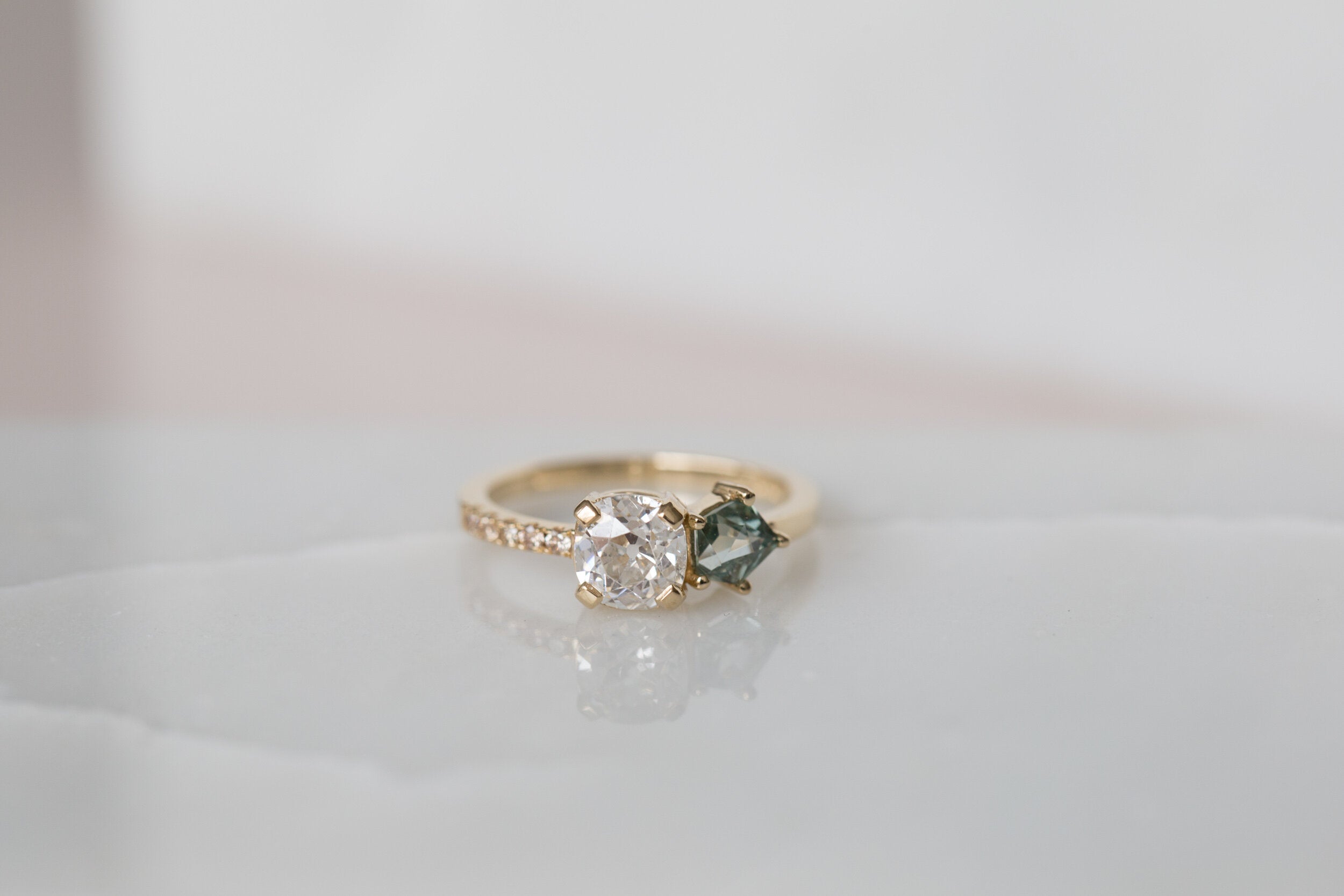Selma Ring | Antique Cushion Cut Diamond + Geocut Montana Sapphire + Champagne Diamond Engagement Ring | 14k Recycled Gold | One of a Kind