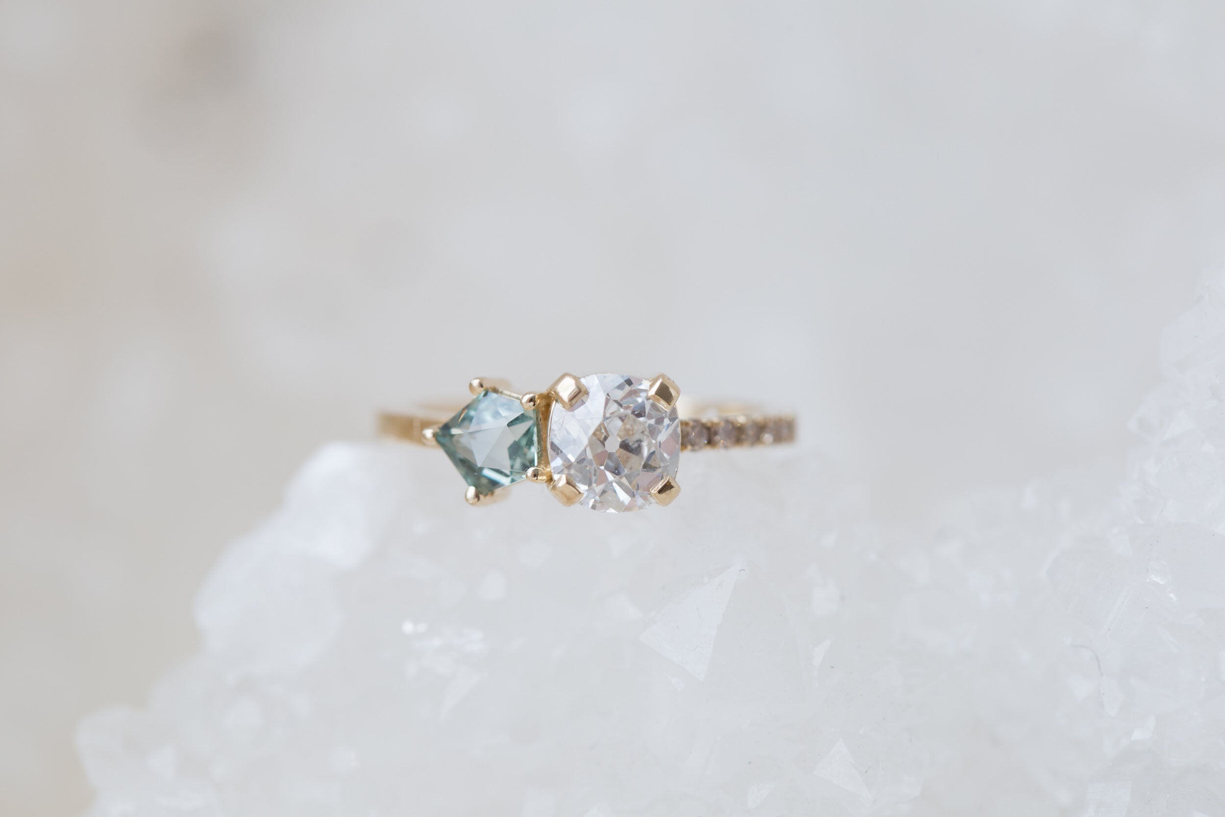 Selma Ring | Antique Cushion Cut Diamond + Geocut Montana Sapphire + Champagne Diamond Engagement Ring | 14k Recycled Gold | One of a Kind