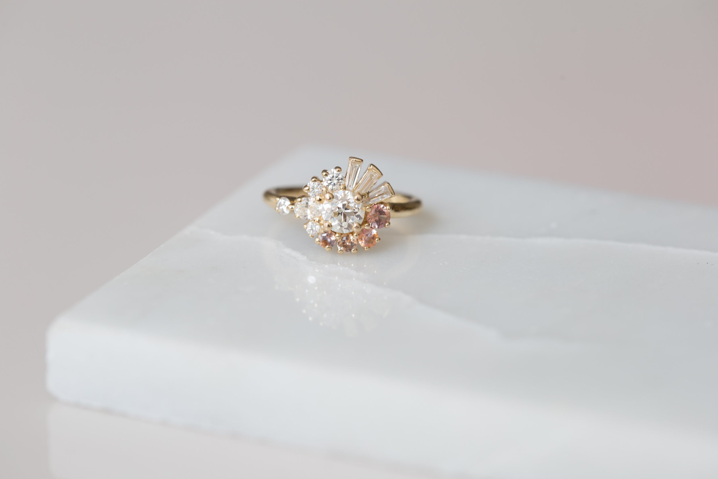 Nerine Ring | Old European Cut Diamond + Peach Sapphire + Baguette Diamond Cluster Engagement Ring | 14k Recycled Gold | One of a Kind