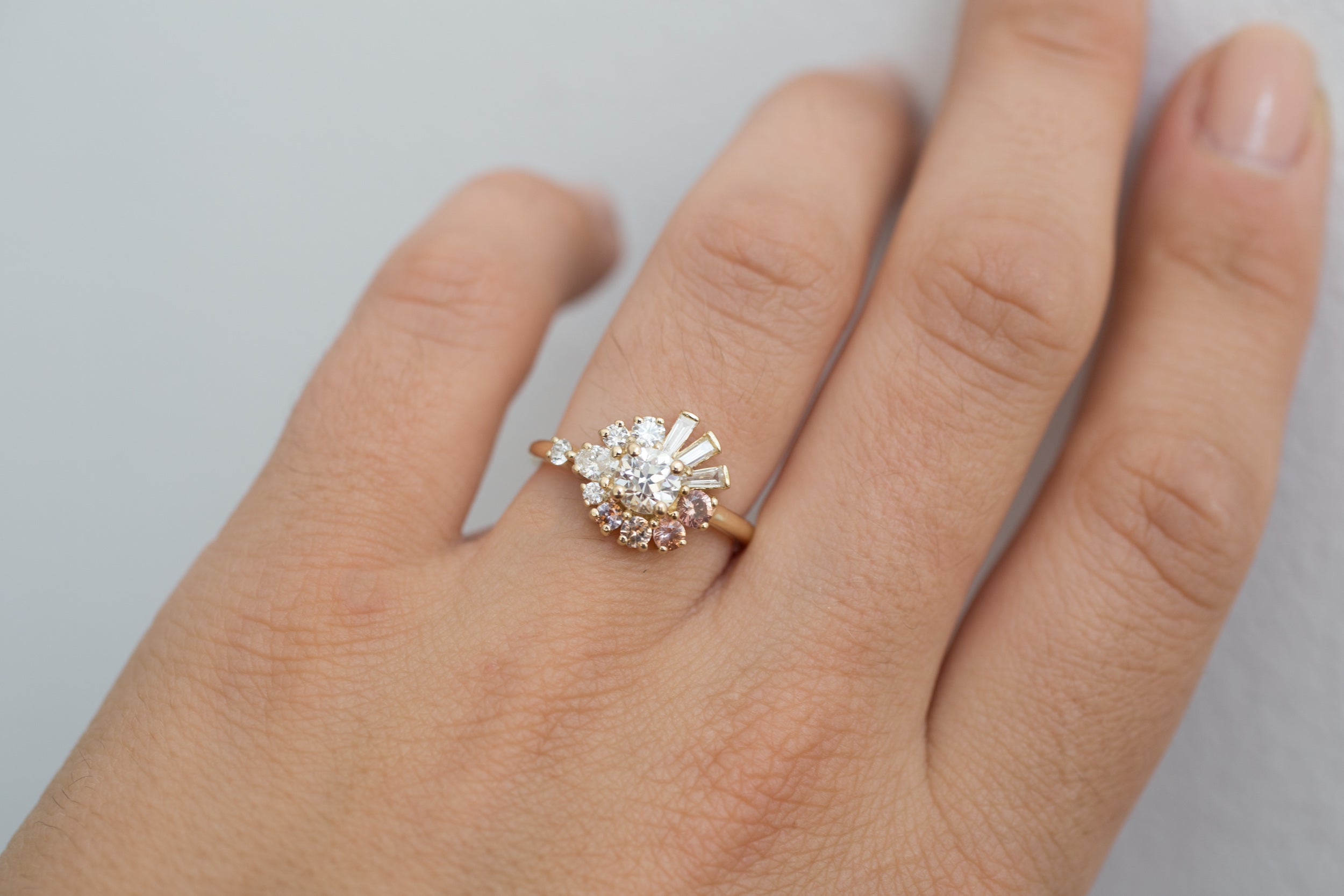 Nerine Ring | Old European Cut Diamond + Peach Sapphire + Baguette Diamond Cluster Engagement Ring | 14k Recycled Gold | One of a Kind