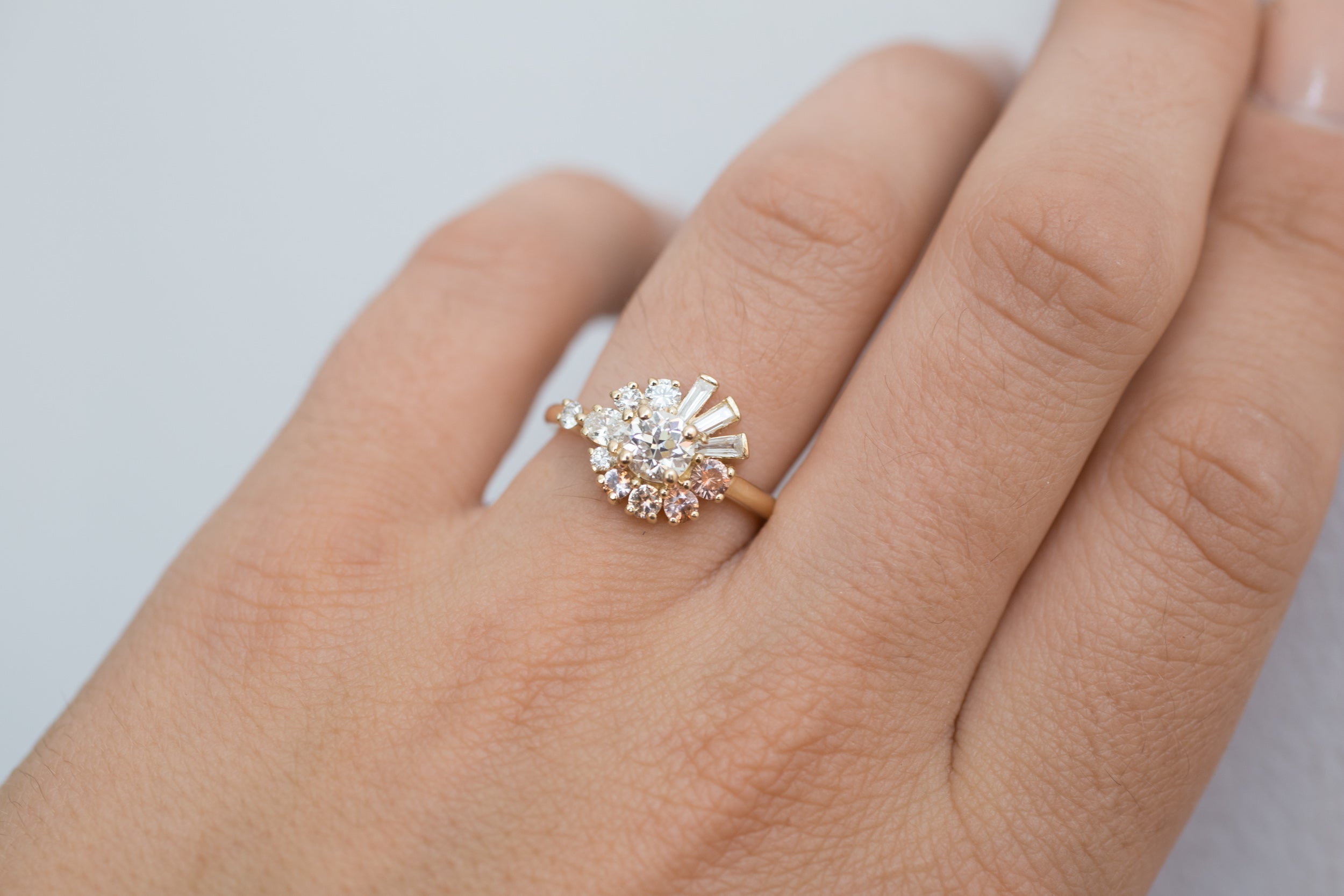 Nerine Ring | Old European Cut Diamond + Peach Sapphire + Baguette Diamond Cluster Engagement Ring | 14k Recycled Gold | One of a Kind