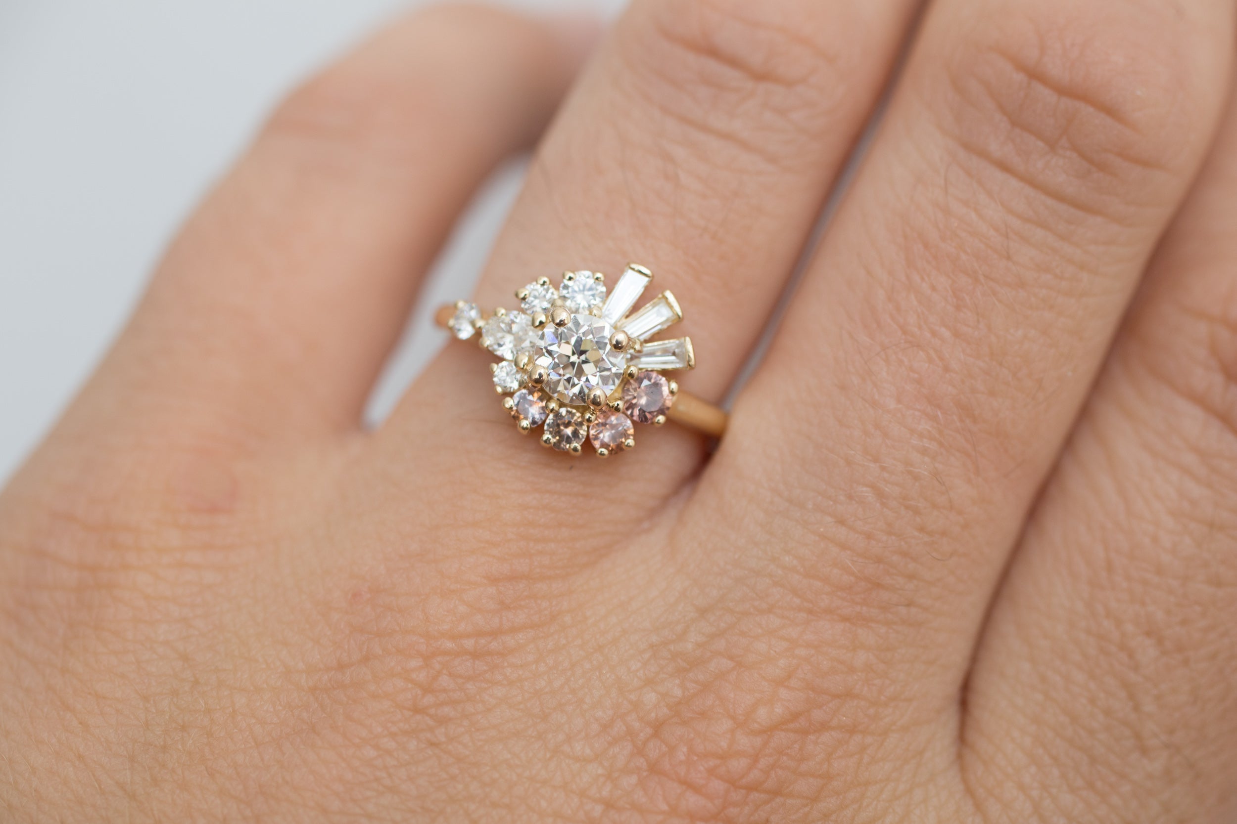 Nerine Ring | Old European Cut Diamond + Peach Sapphire + Baguette Diamond Cluster Engagement Ring | 14k Recycled Gold | One of a Kind