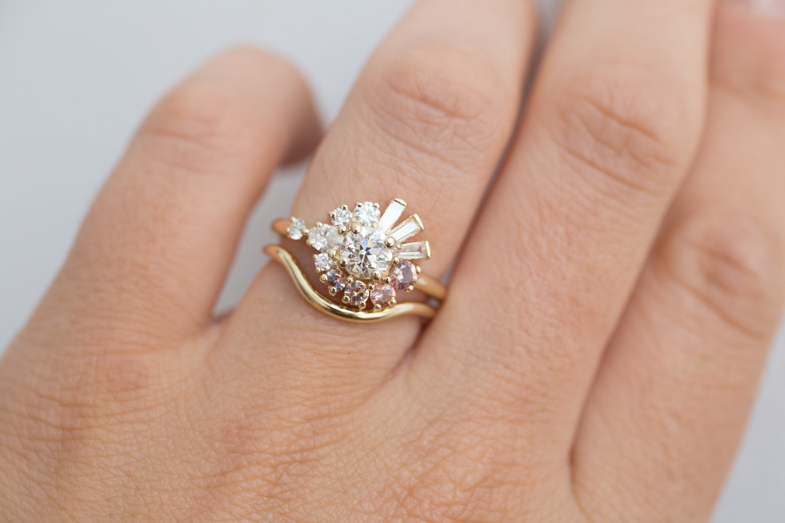 Nerine Ring | Old European Cut Diamond + Peach Sapphire + Baguette Diamond Cluster Engagement Ring | 14k Recycled Gold | One of a Kind