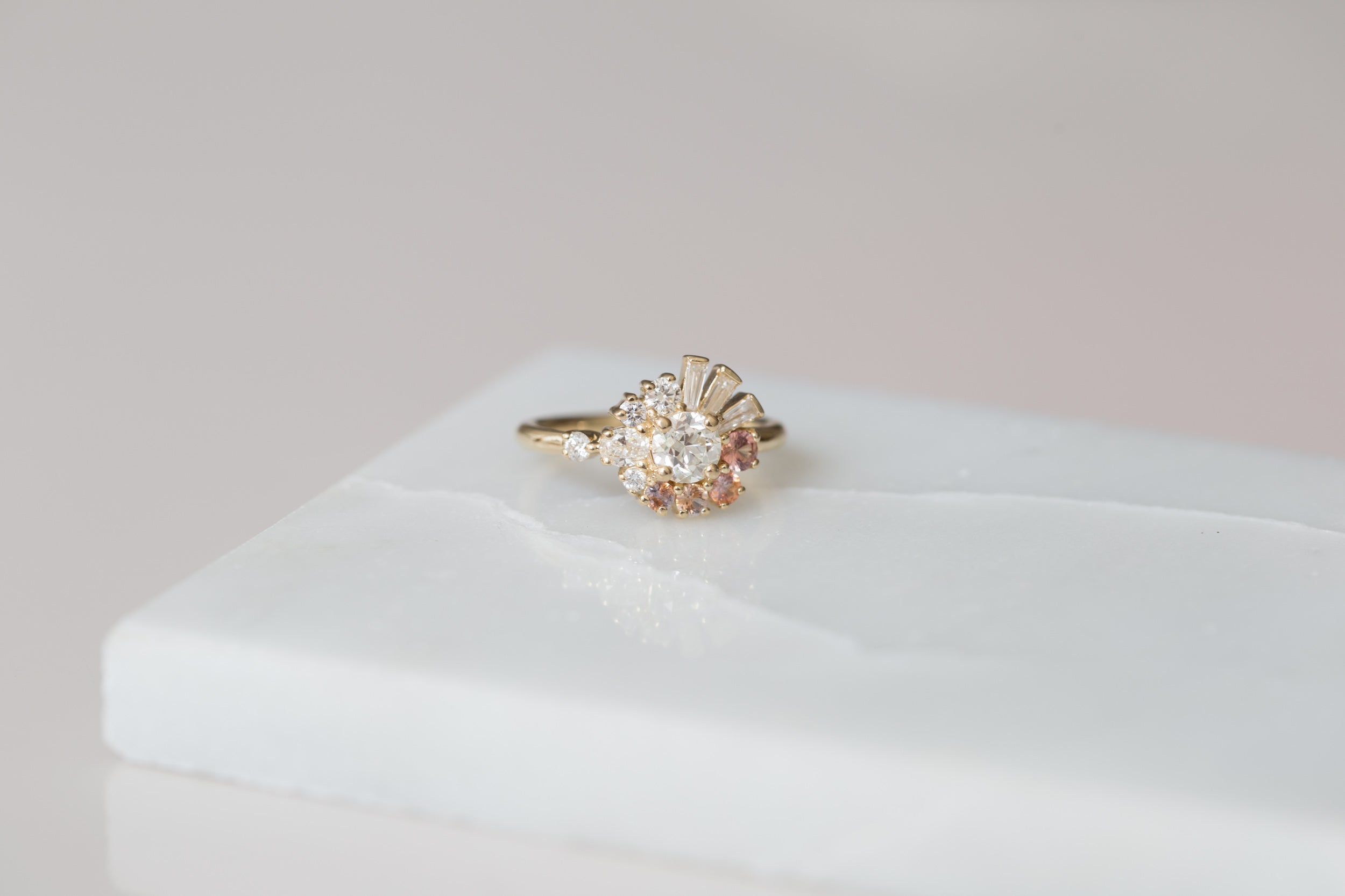 Nerine Ring | Old European Cut Diamond + Peach Sapphire + Baguette Diamond Cluster Engagement Ring | 14k Recycled Gold | One of a Kind
