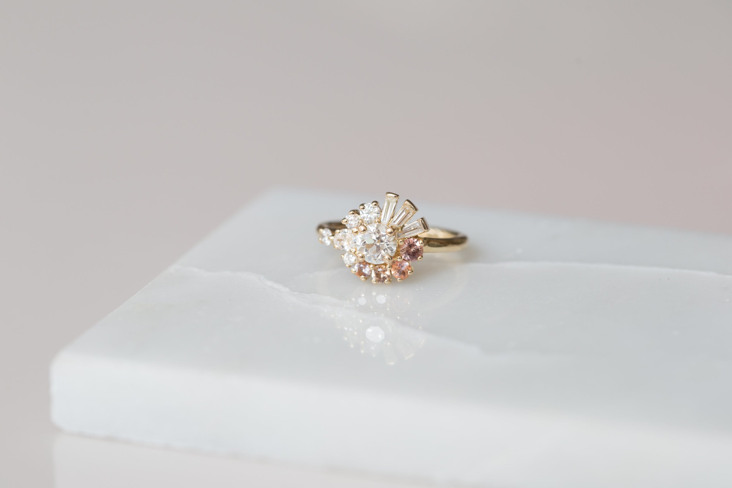 Nerine Ring | Old European Cut Diamond + Peach Sapphire + Baguette Diamond Cluster Engagement Ring | 14k Recycled Gold | One of a Kind