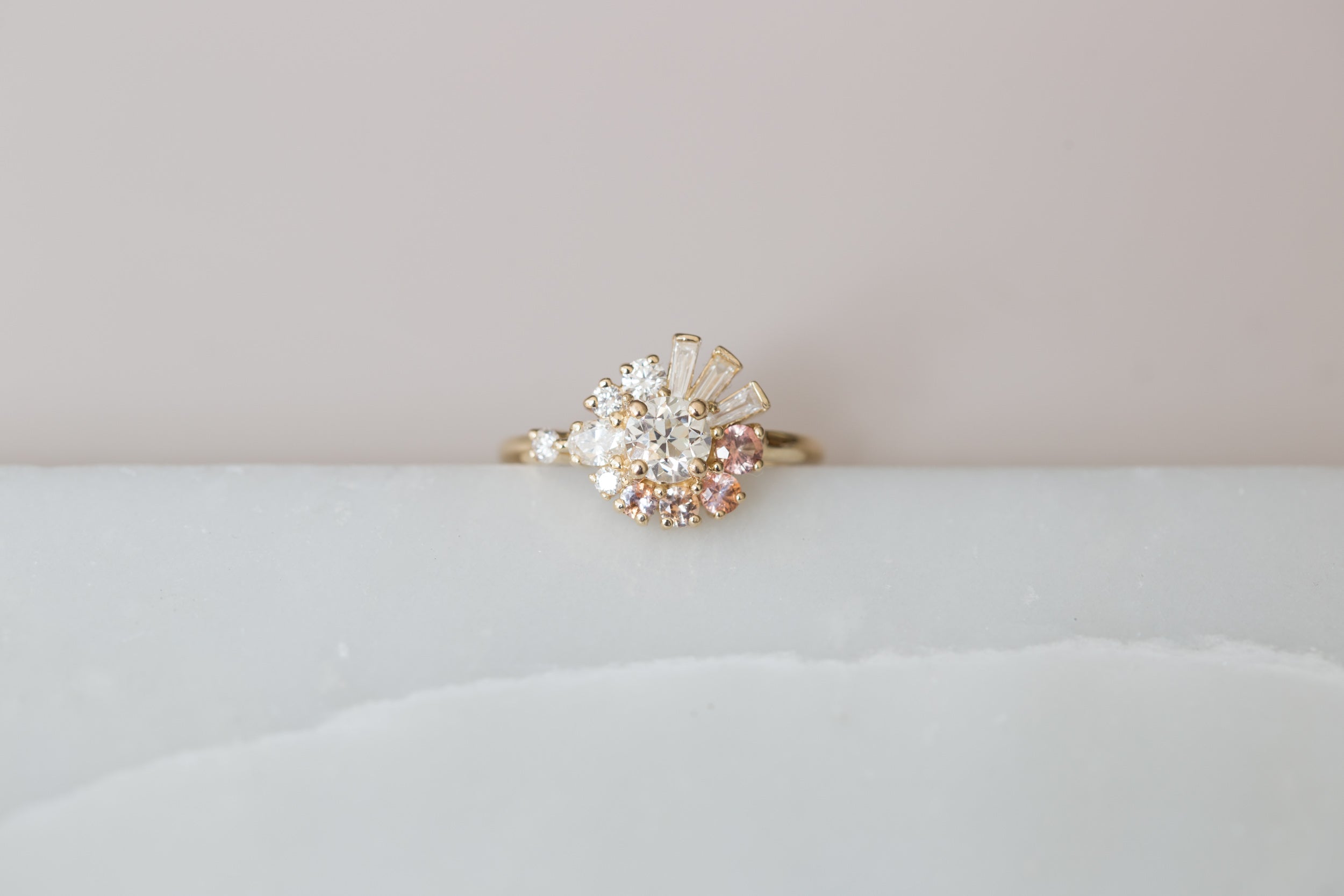 Nerine Ring | Old European Cut Diamond + Peach Sapphire + Baguette Diamond Cluster Engagement Ring | 14k Recycled Gold | One of a Kind