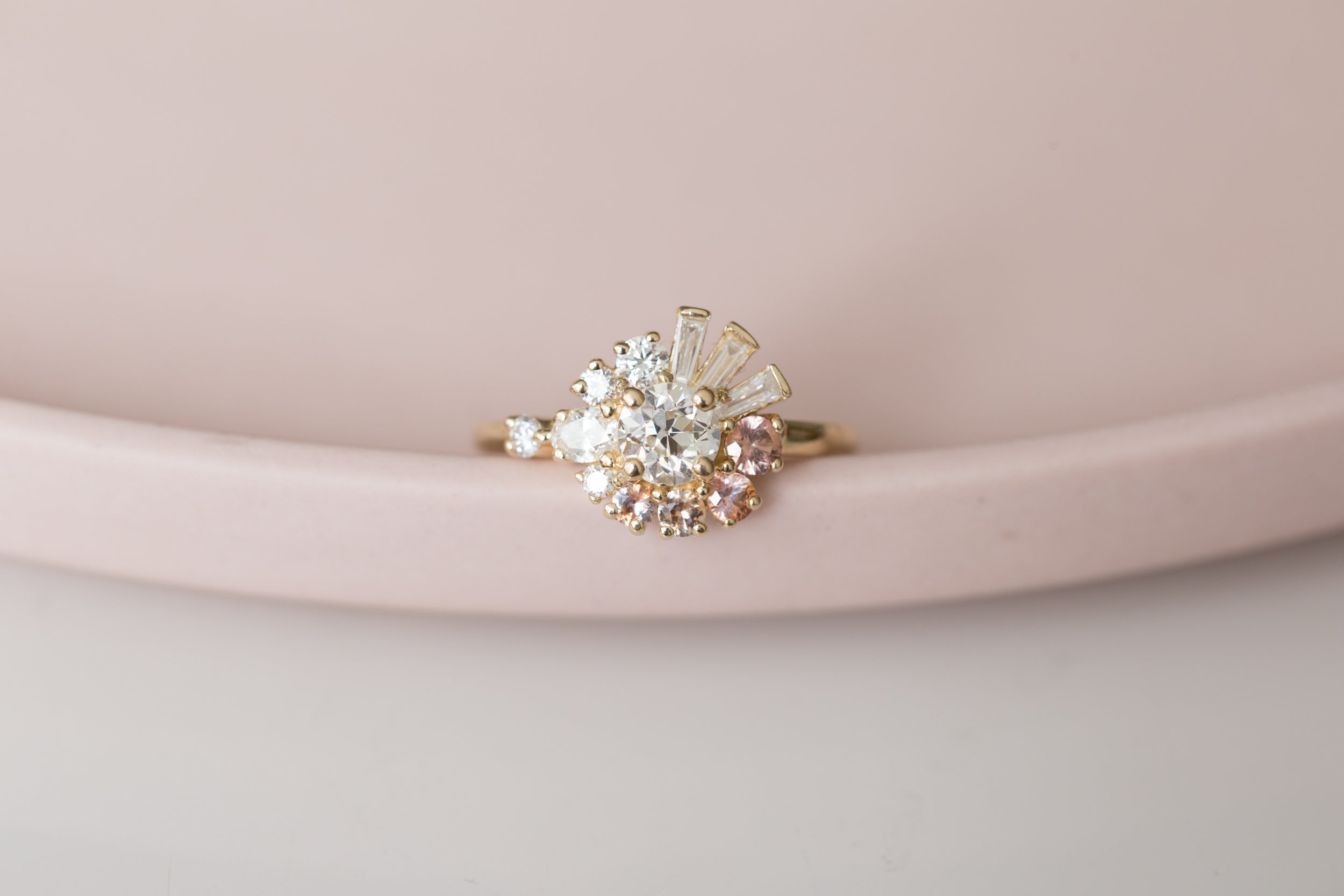 Nerine Ring | Old European Cut Diamond + Peach Sapphire + Baguette Diamond Cluster Engagement Ring | 14k Recycled Gold | One of a Kind