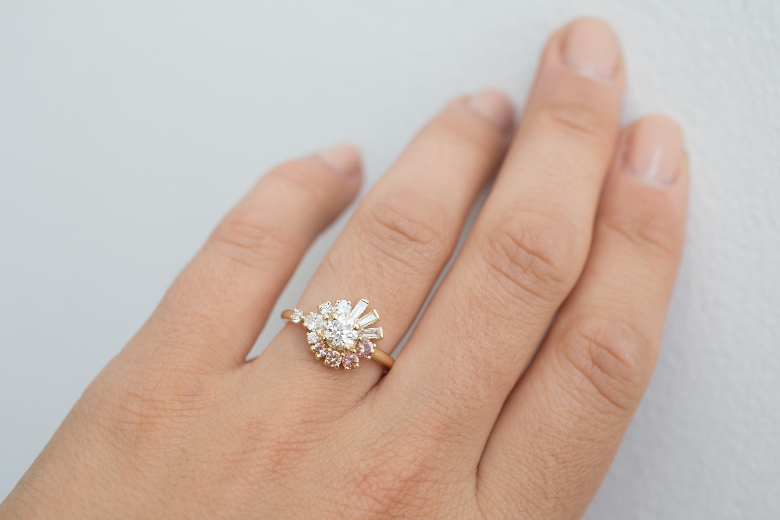 Nerine Ring | Old European Cut Diamond + Peach Sapphire + Baguette Diamond Cluster Engagement Ring | 14k Recycled Gold | One of a Kind
