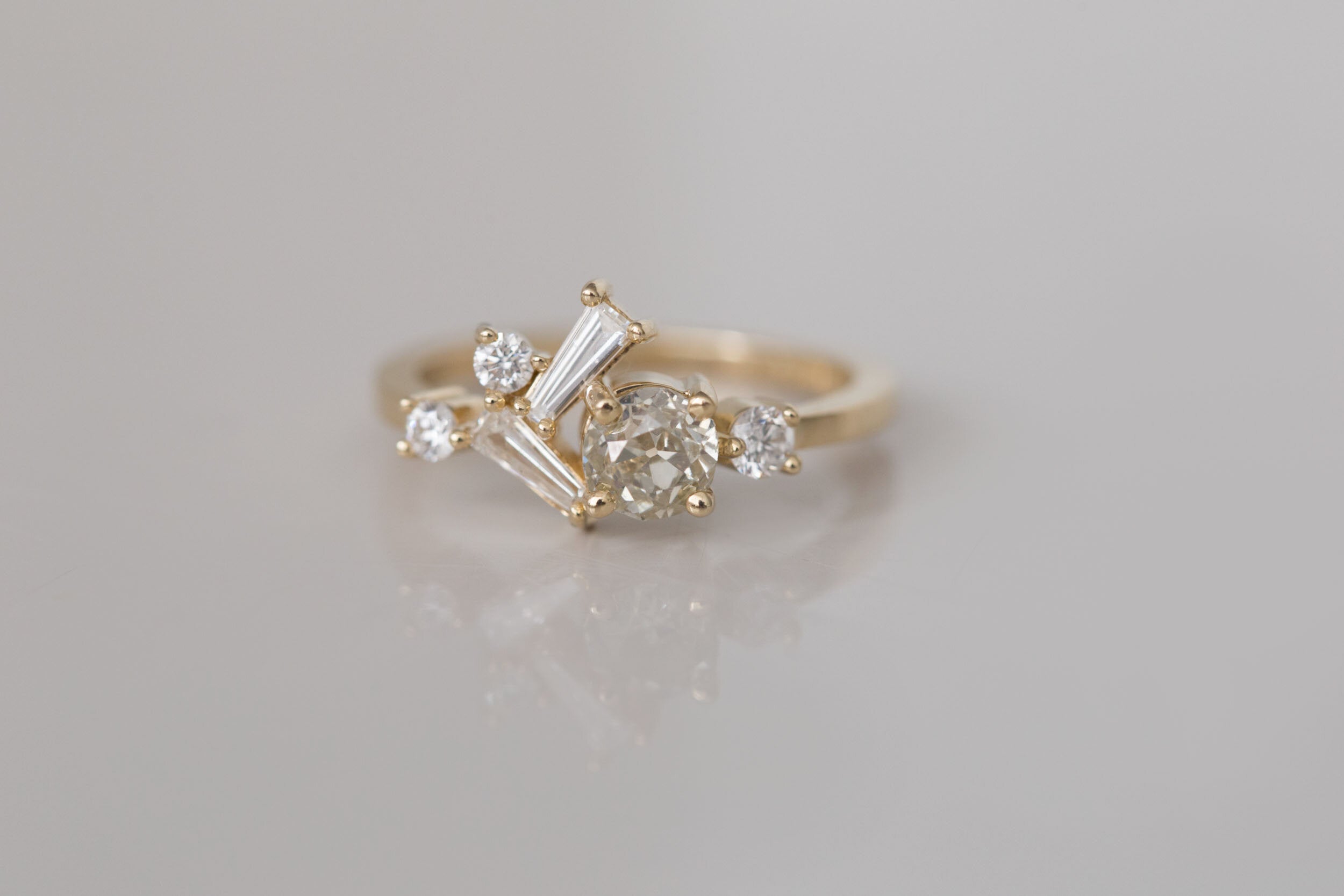 Rowan Ring | Old Mine Cut Diamond + Antique Baguette Diamond Cluster Engagement Ring | 14k Recycled Gold | One of a Kind