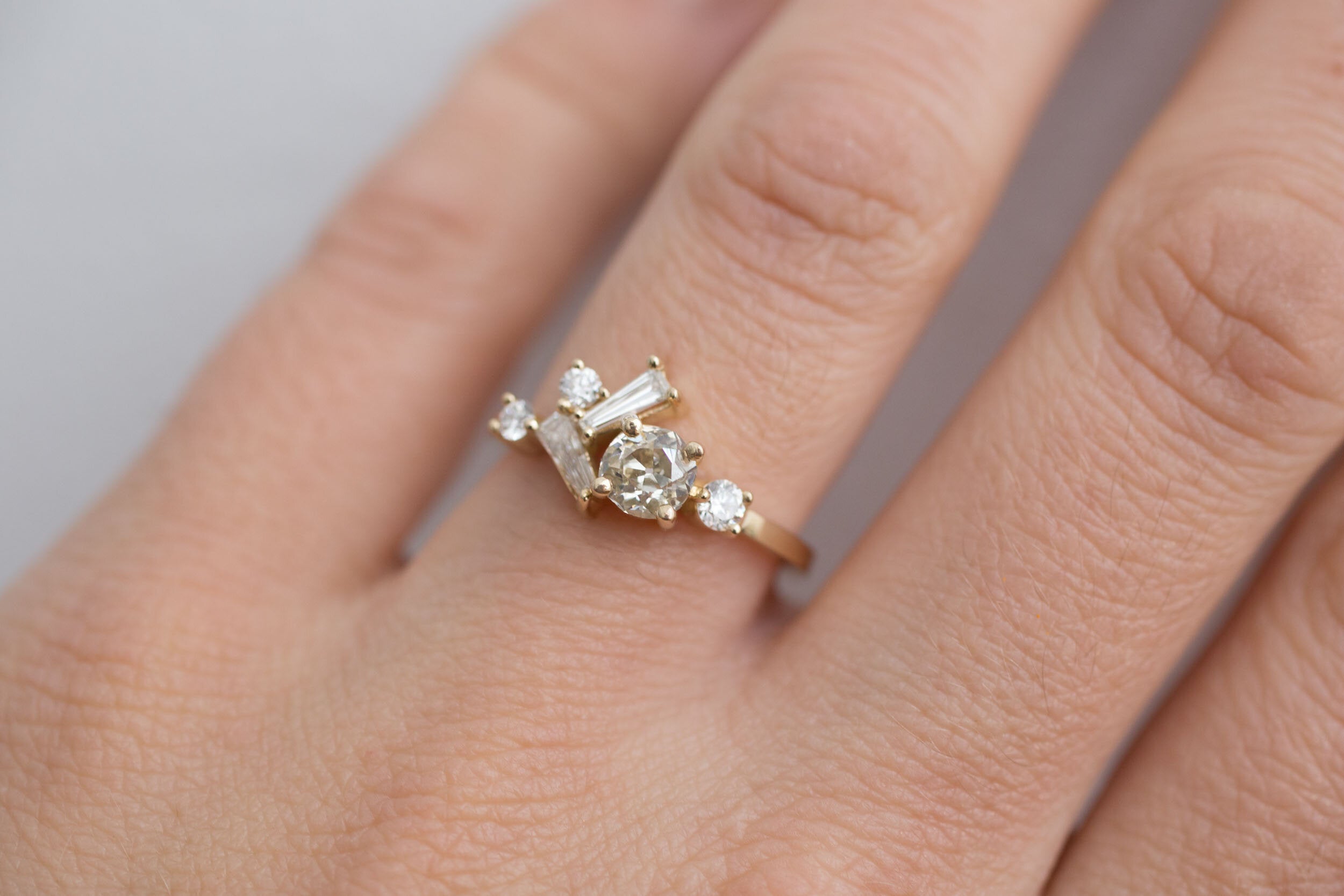 Rowan Ring | Old Mine Cut Diamond + Antique Baguette Diamond Cluster Engagement Ring | 14k Recycled Gold | One of a Kind