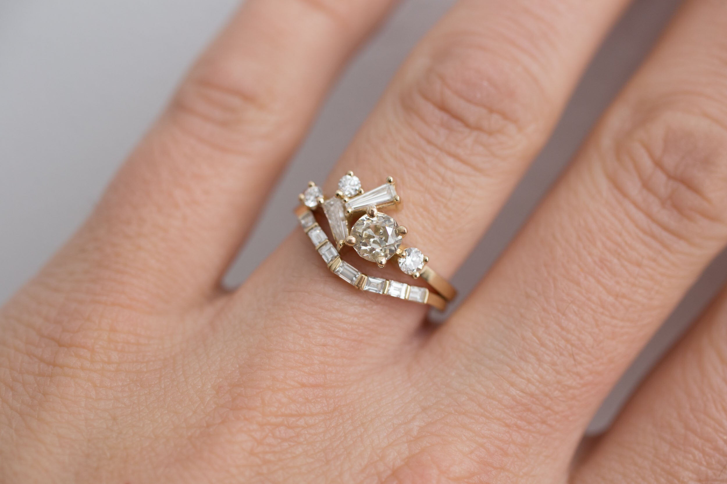 Rowan Ring | Old Mine Cut Diamond + Antique Baguette Diamond Cluster Engagement Ring | 14k Recycled Gold | One of a Kind