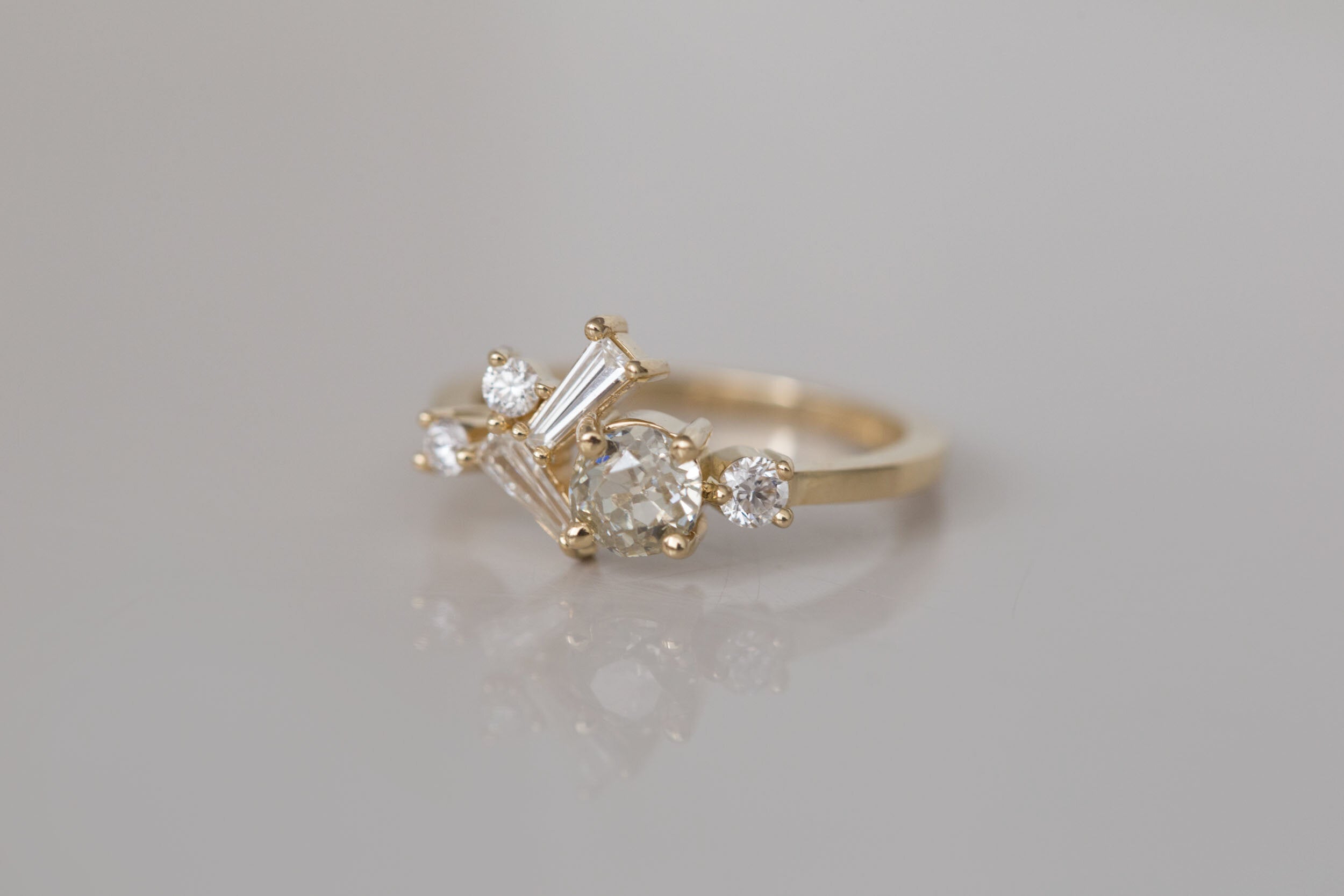 Rowan Ring | Old Mine Cut Diamond + Antique Baguette Diamond Cluster Engagement Ring | 14k Recycled Gold | One of a Kind