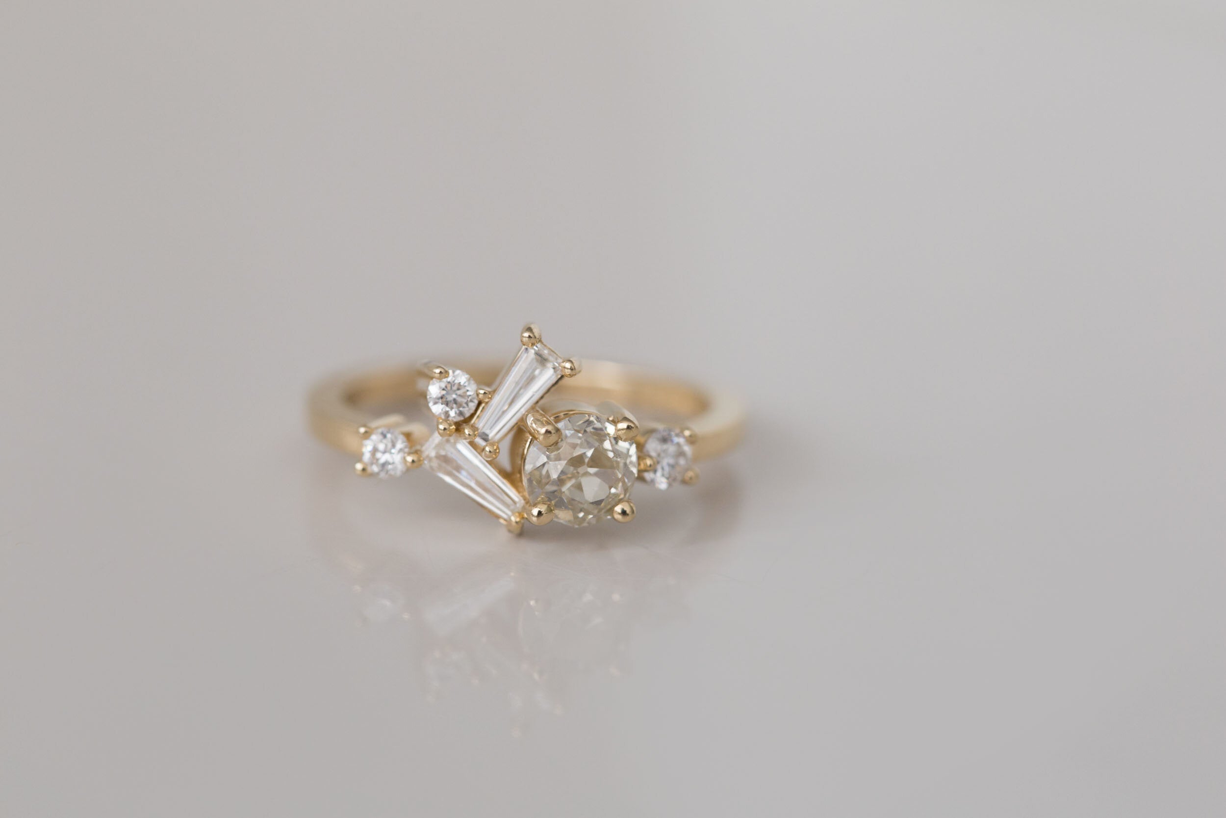 Rowan Ring | Old Mine Cut Diamond + Antique Baguette Diamond Cluster Engagement Ring | 14k Recycled Gold | One of a Kind