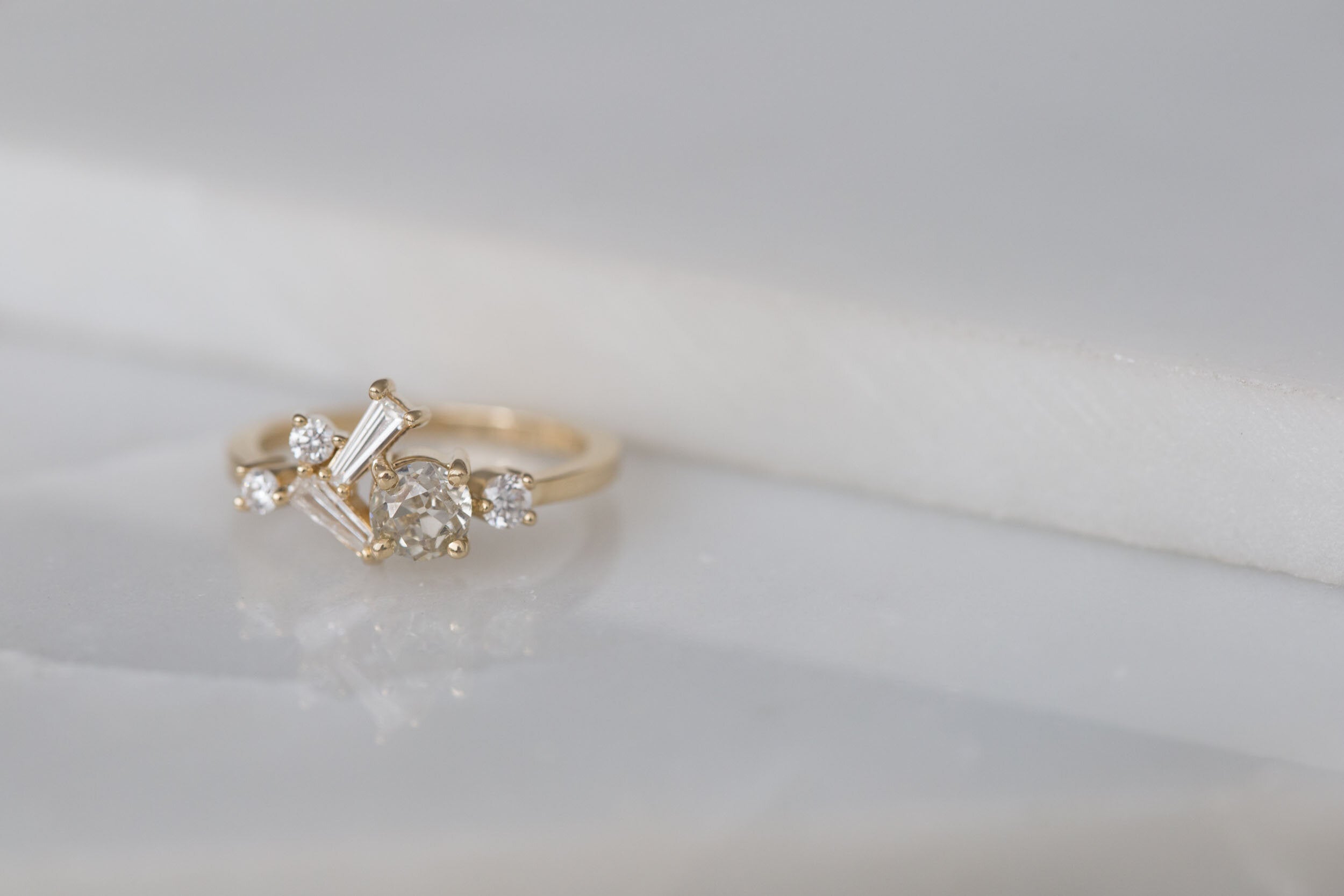 Rowan Ring | Old Mine Cut Diamond + Antique Baguette Diamond Cluster Engagement Ring | 14k Recycled Gold | One of a Kind