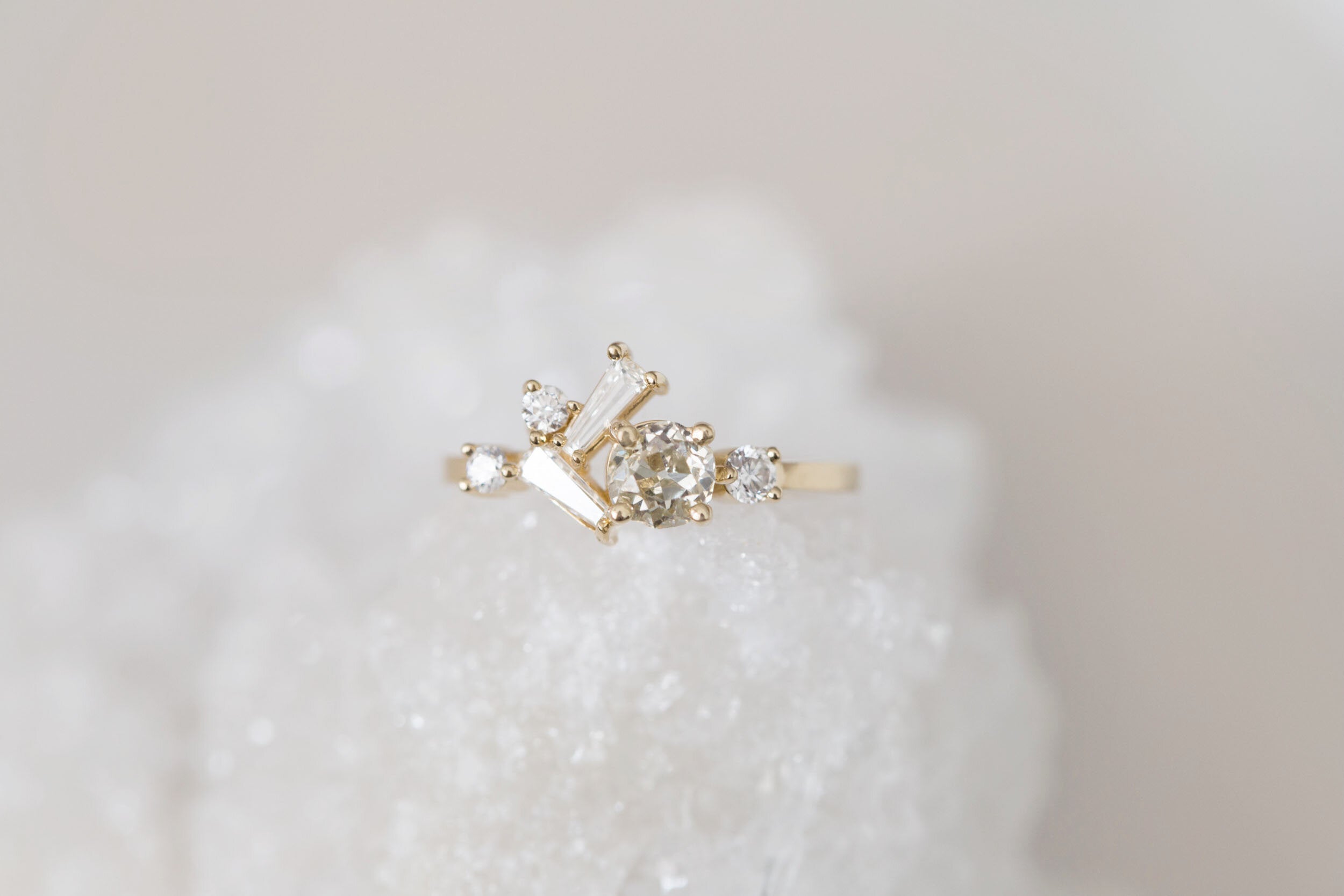 Rowan Ring | Old Mine Cut Diamond + Antique Baguette Diamond Cluster Engagement Ring | 14k Recycled Gold | One of a Kind