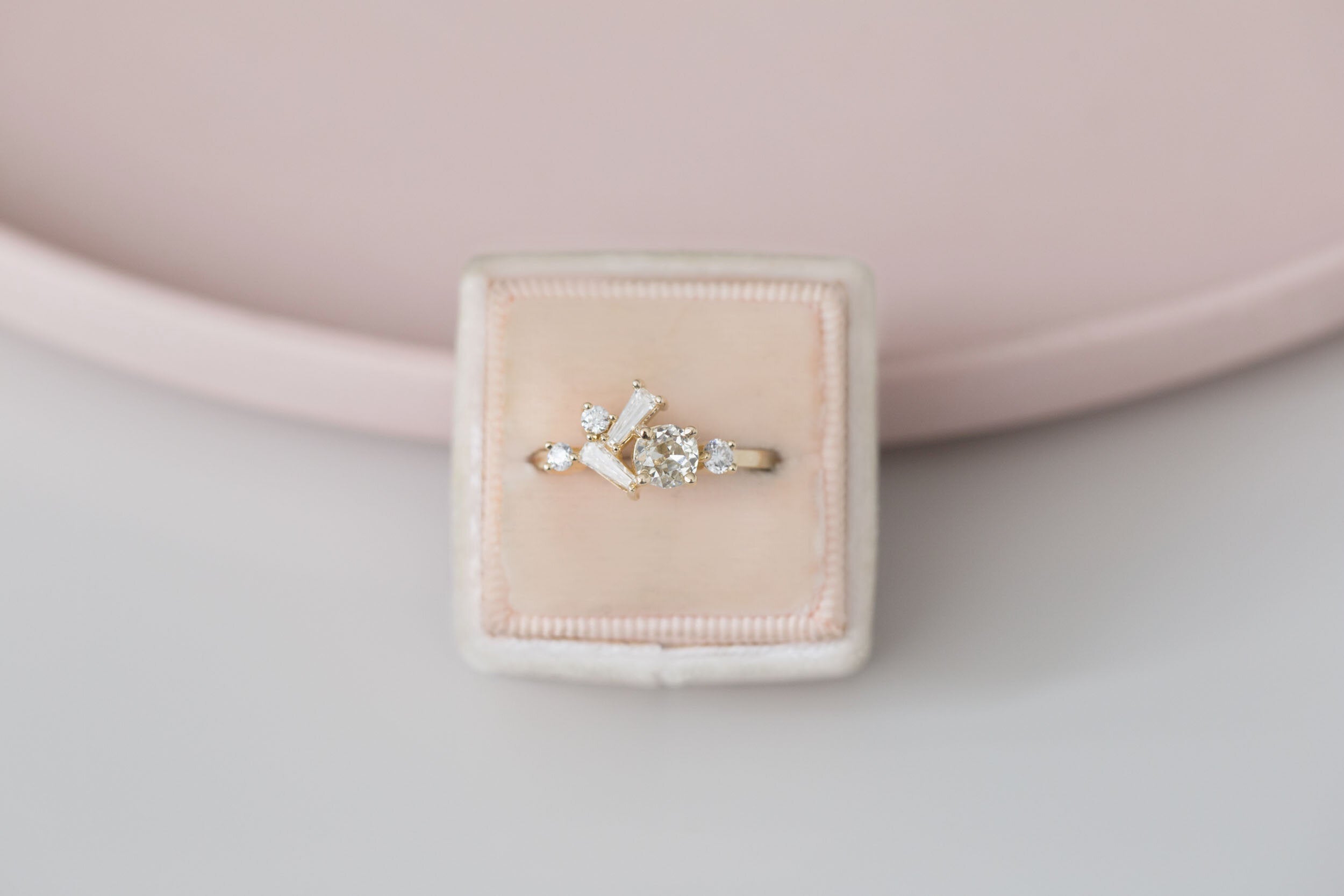 Rowan Ring | Old Mine Cut Diamond + Antique Baguette Diamond Cluster Engagement Ring | 14k Recycled Gold | One of a Kind