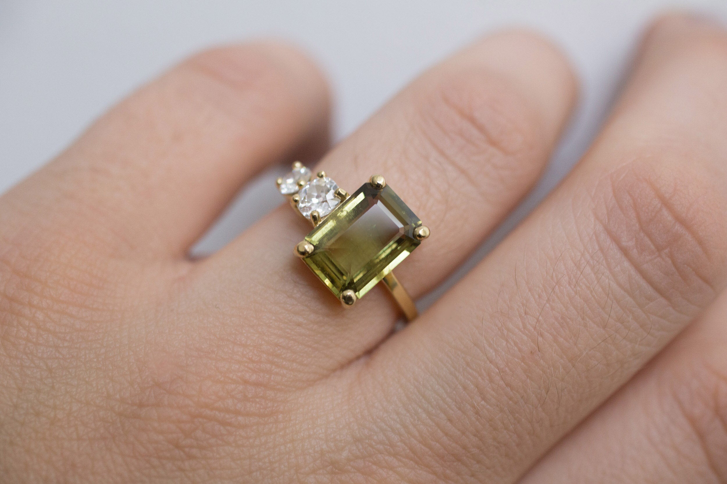 Fern Ring | Olive Emerald Cut Sapphire + Antique Diamonds Engagement Ring | 18k Recycled Gold | One of a Kind