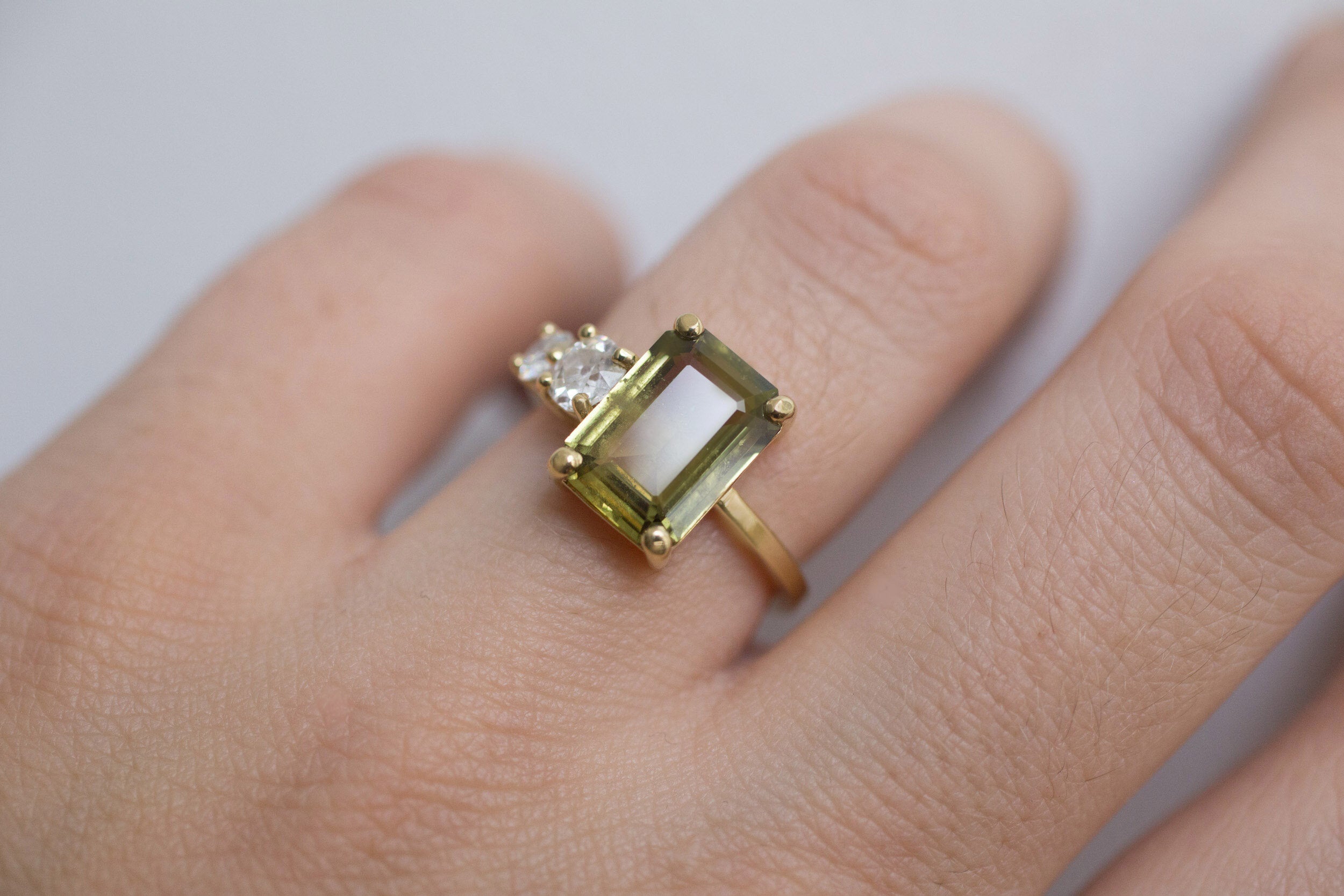 Fern Ring | Olive Emerald Cut Sapphire + Antique Diamonds Engagement Ring | 18k Recycled Gold | One of a Kind