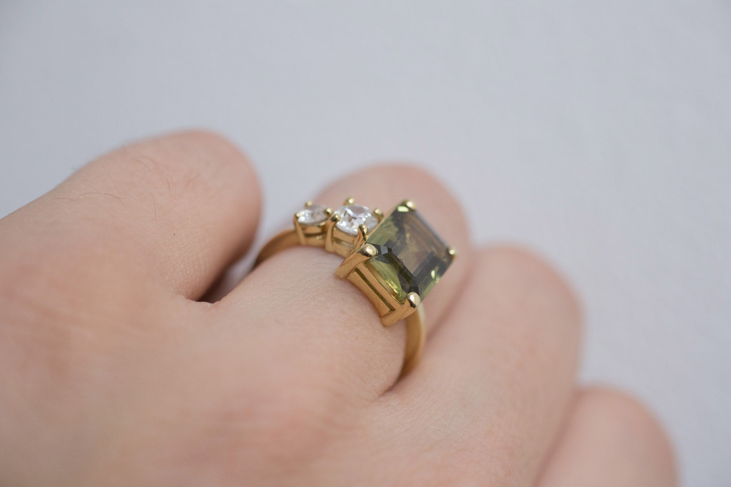 Fern Ring | Olive Emerald Cut Sapphire + Antique Diamonds Engagement Ring | 18k Recycled Gold | One of a Kind