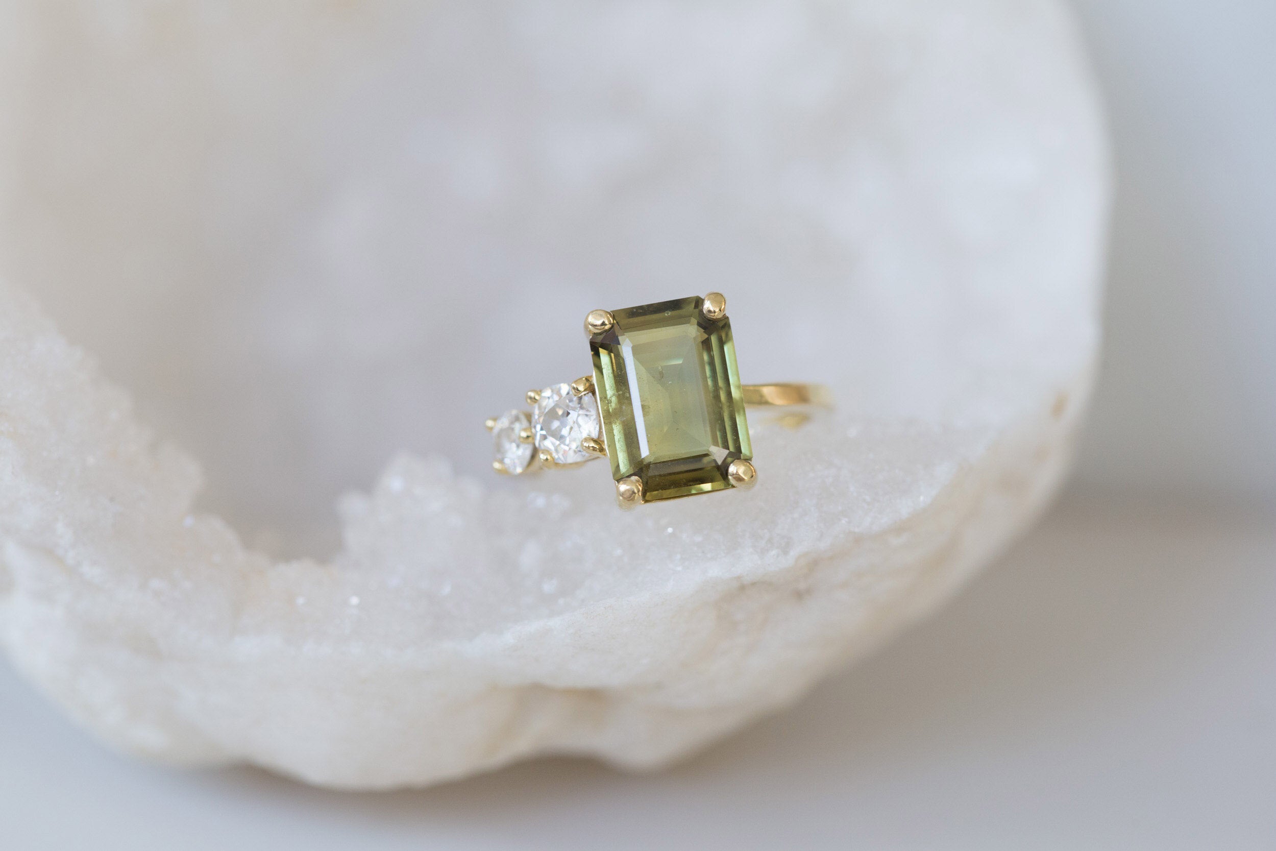 Fern Ring | Olive Emerald Cut Sapphire + Antique Diamonds Engagement Ring | 18k Recycled Gold | One of a Kind