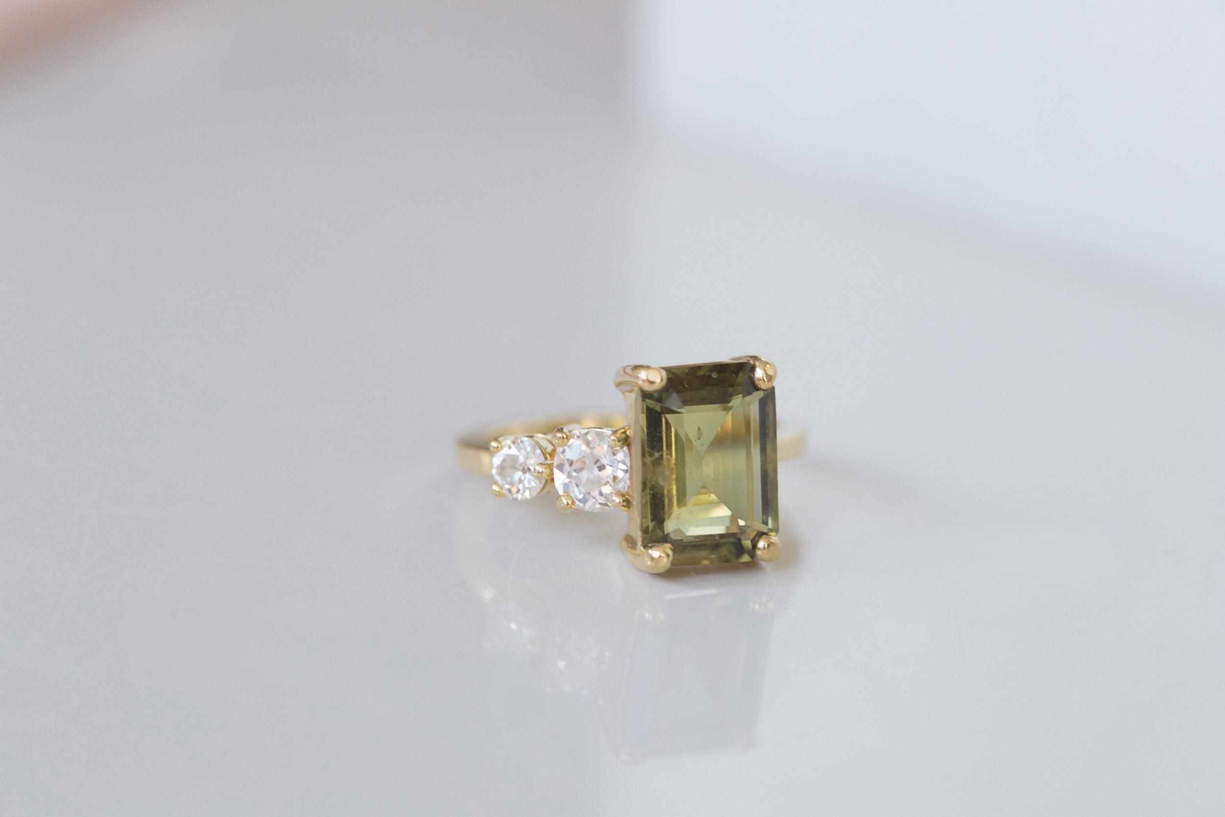 Fern Ring | Olive Emerald Cut Sapphire + Antique Diamonds Engagement Ring | 18k Recycled Gold | One of a Kind