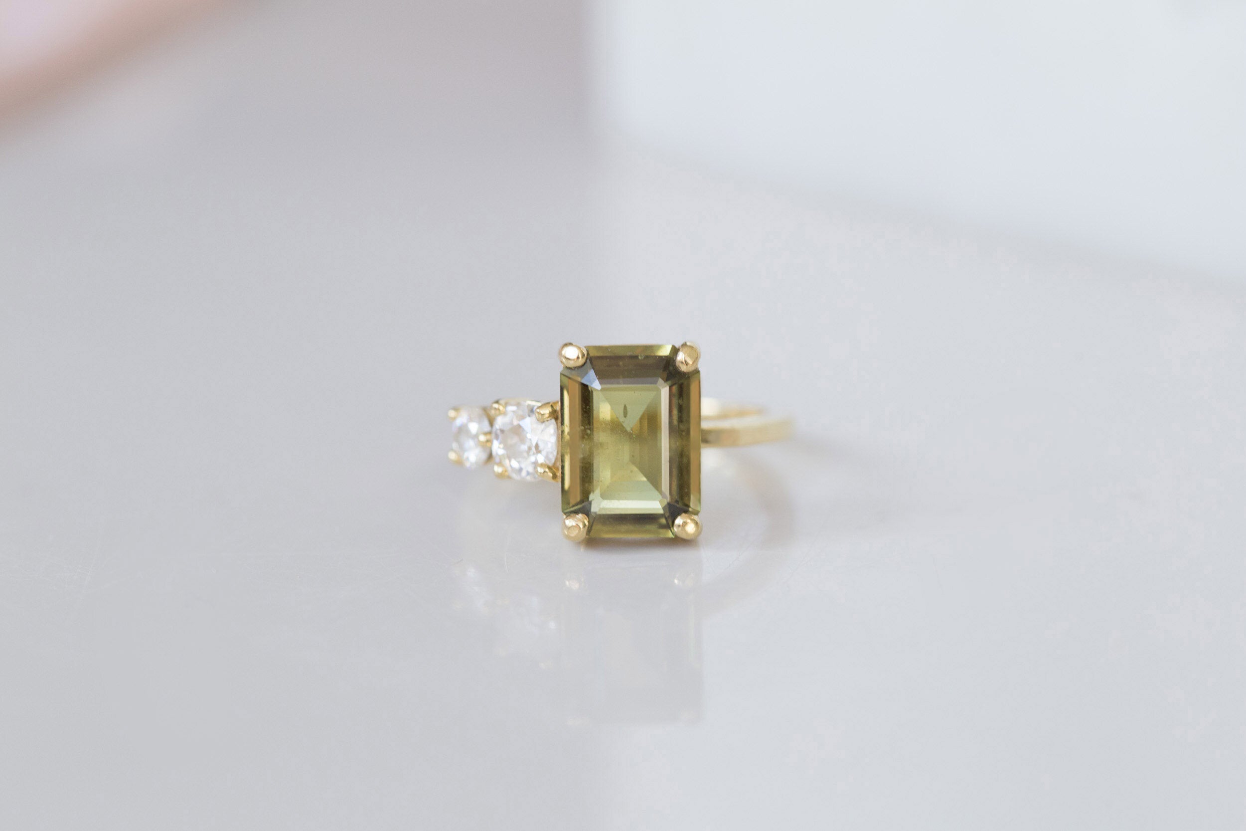 Fern Ring | Olive Emerald Cut Sapphire + Antique Diamonds Engagement Ring | 18k Recycled Gold | One of a Kind